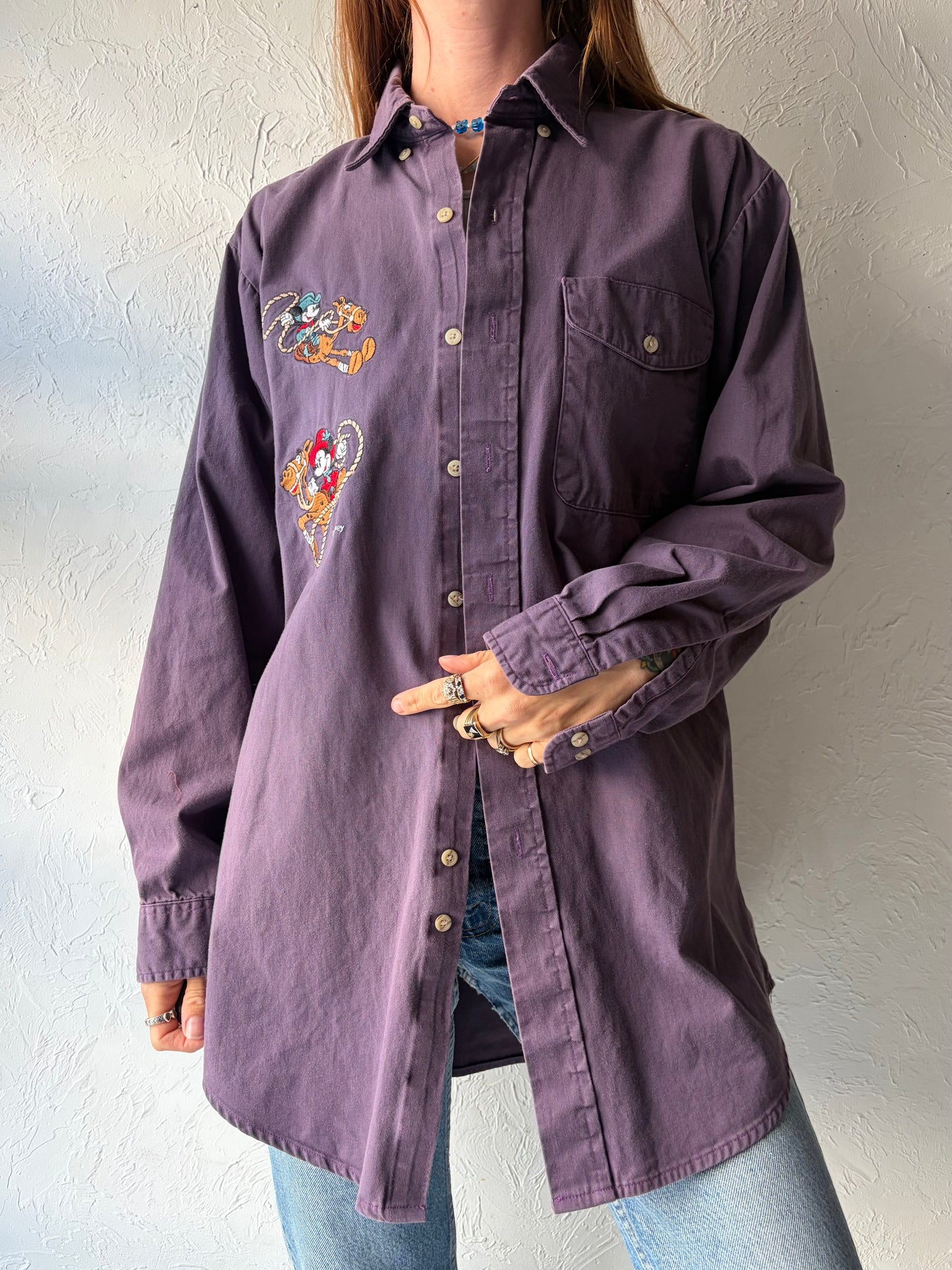 90s 'Disney Mickey & Co' Purple Embroidered Western Character Shirt / Large