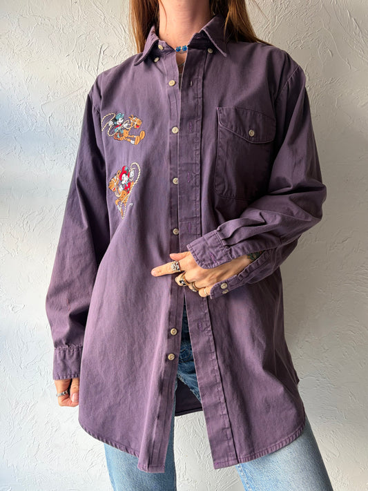 90s 'Disney Mickey & Co' Purple Embroidered Western Character Shirt / Large