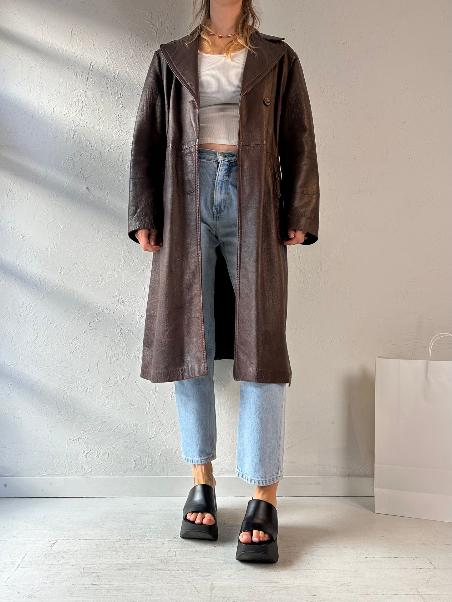 80s 'Norwest' Brown Leather Trench Coat / Medium