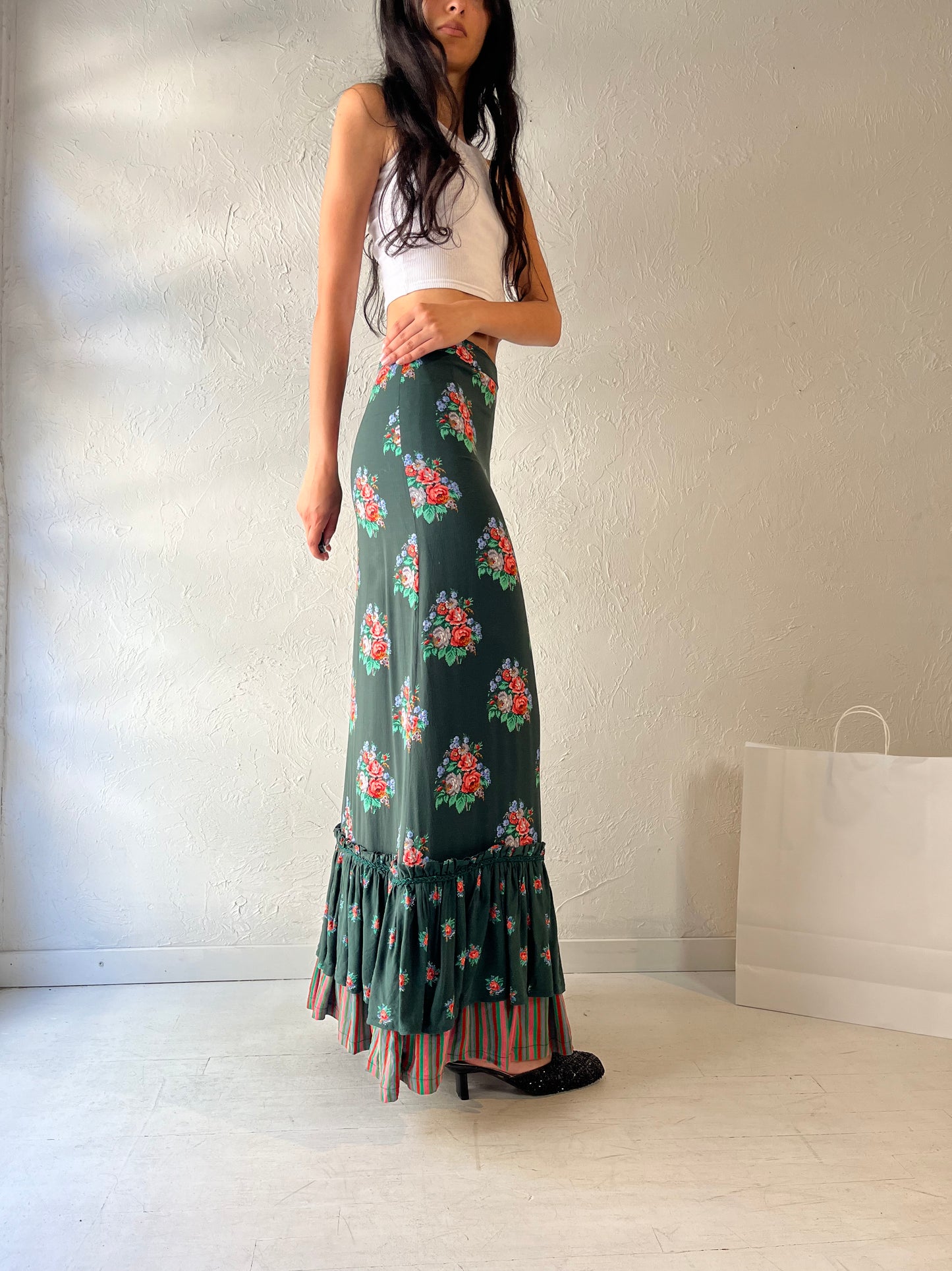 90s 'Ralph' Green Floral Maxi Skirt / Small