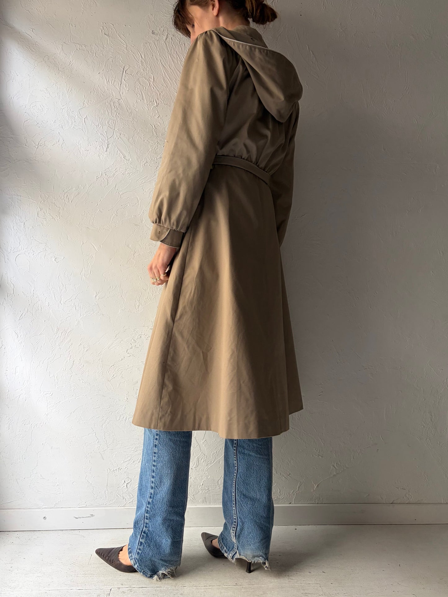 80s 'ICI' Vintage Beige Hooded Sping Trench Coat / Small