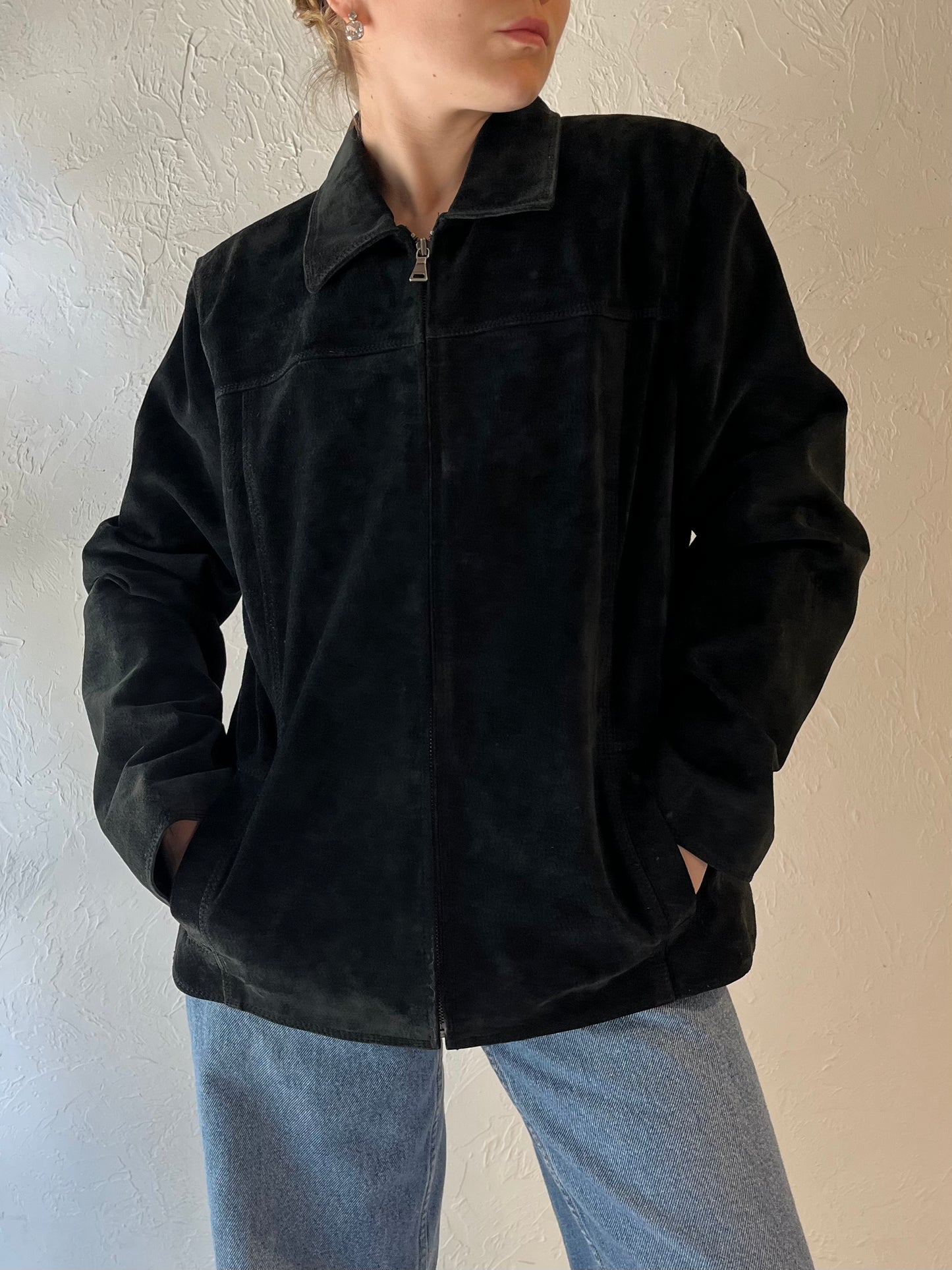 Y2k Black Suede Leather Jacket / Medium