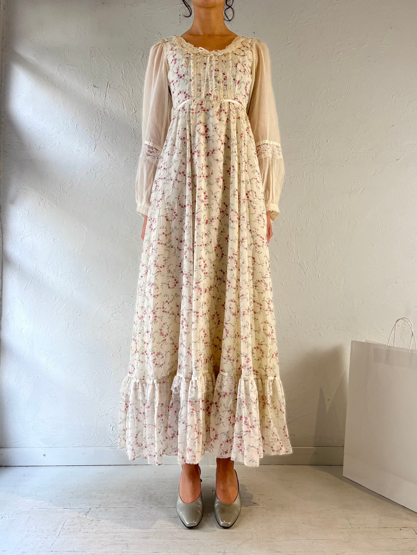 70s ‘Gunne Sax’ Cream Floral Peasant Maxi Dress / Small