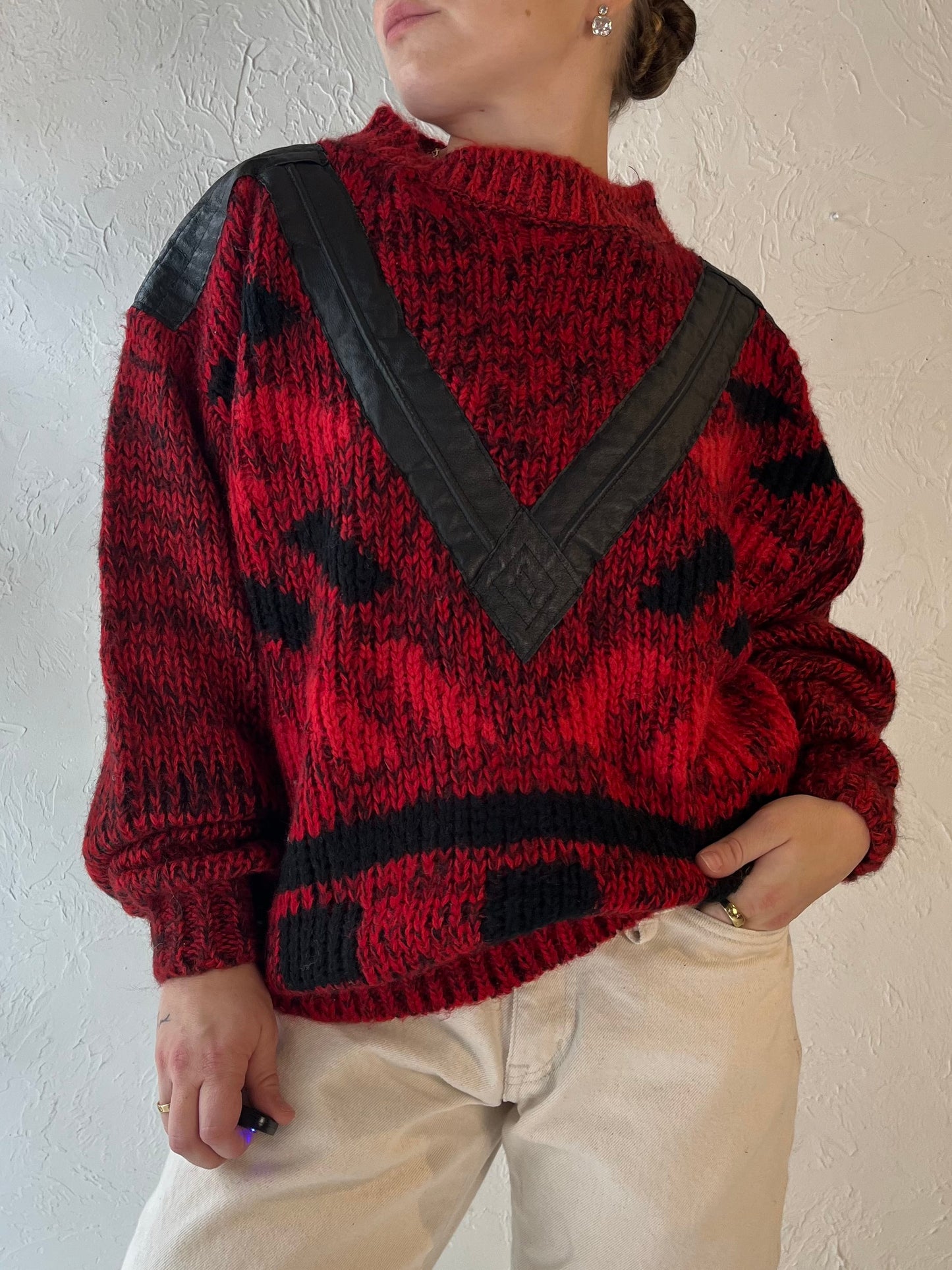 90s 'Front Line' Red Acrylic Knit Sweater / Medium