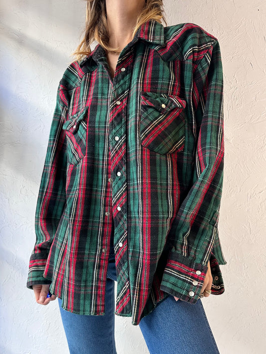 Vintage 'Wrangler' Thick Cotton Plaid Western Pearl Snap Shirt / Large