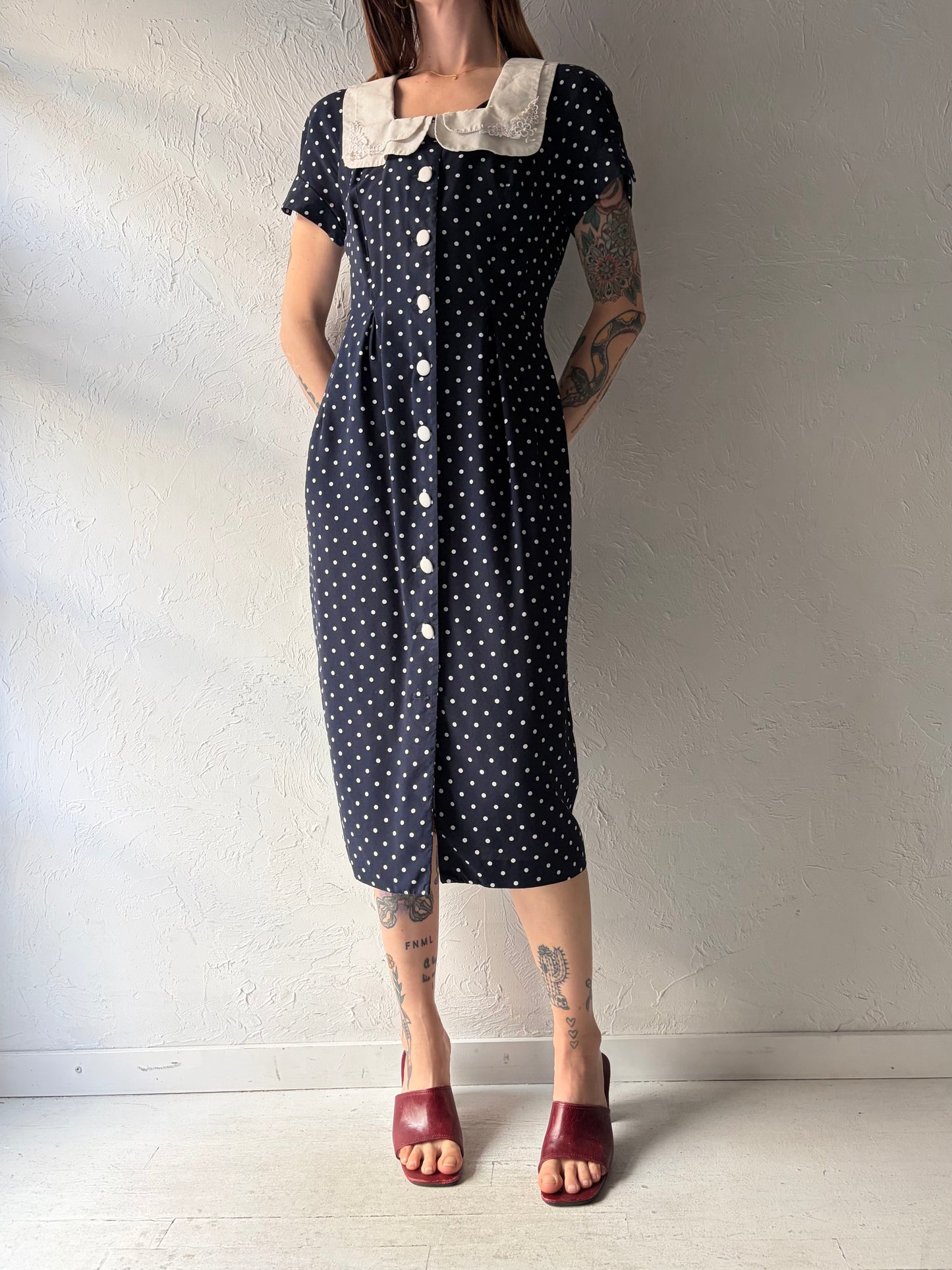 80s 'Joseph Ribkoff' Collared Polka Dot Retro Dress / Medium
