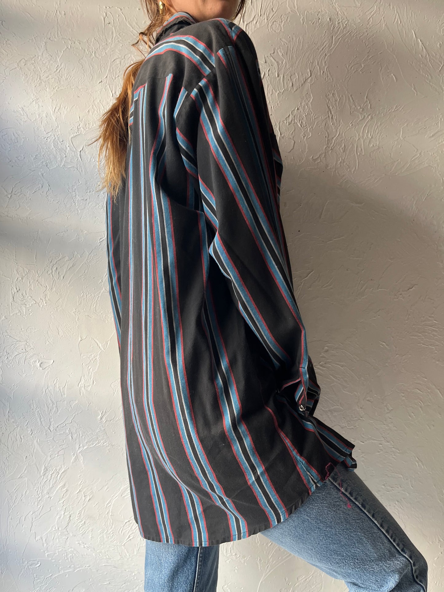 Y2k 'Western Craft' Black Striped Western Cowboy Workwear Pearl Snap Up Shirt / Large