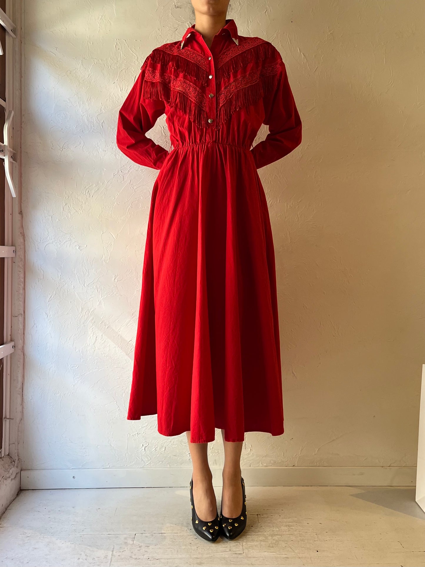 80s 'Lila Suilty' Red Fringe Western Dress / Small
