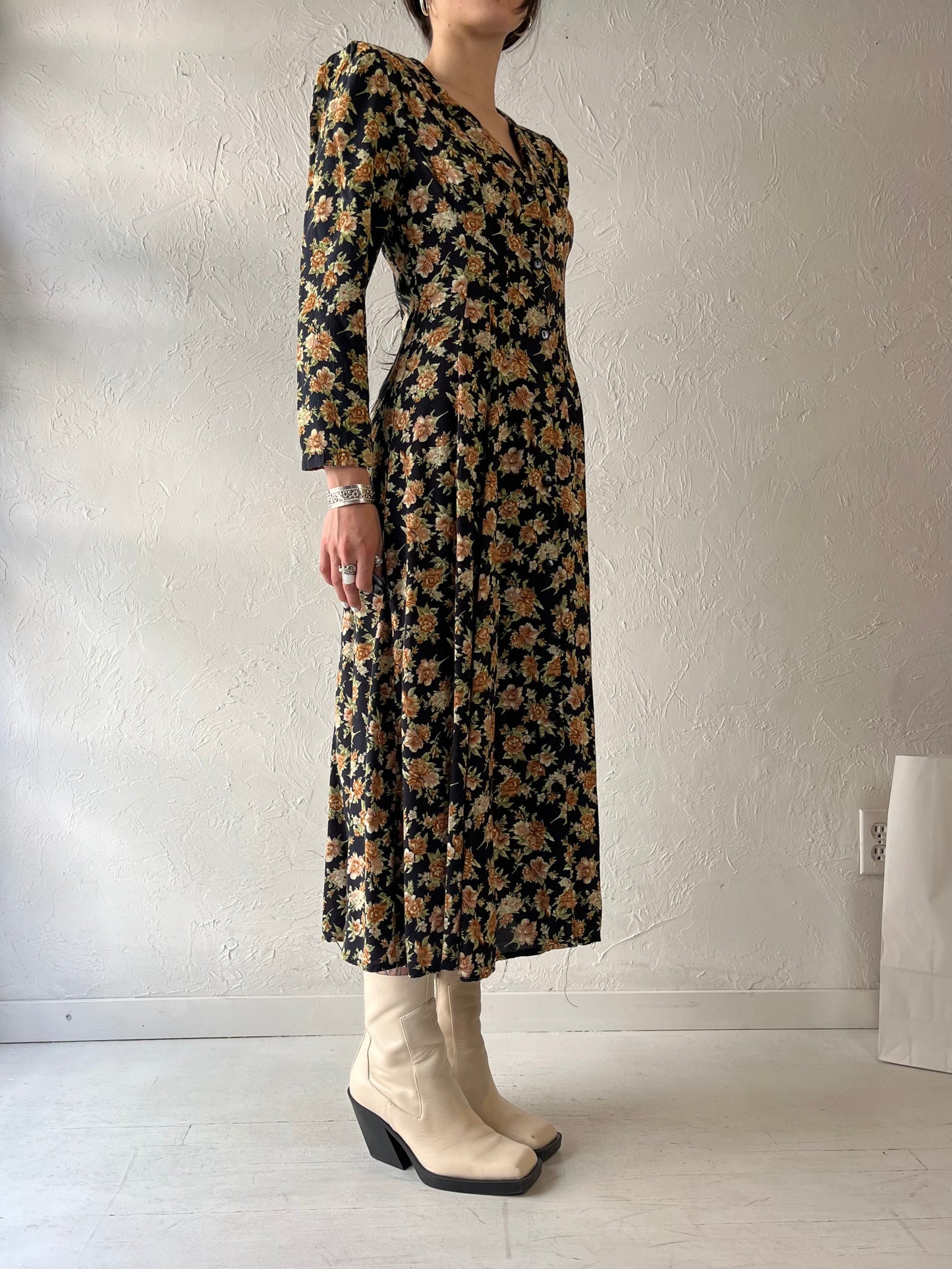 90s 'Chablis' Long Sleeve Floral Print Rayon Dress / Small