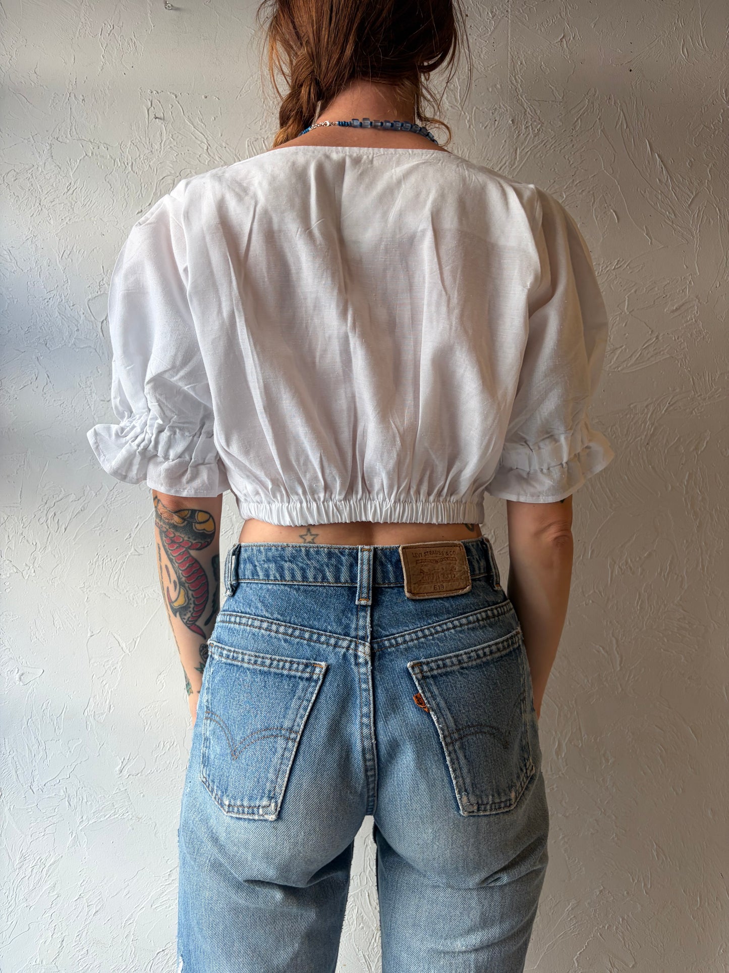Vintage White Peasant Style Cotton Crop Top / Medium