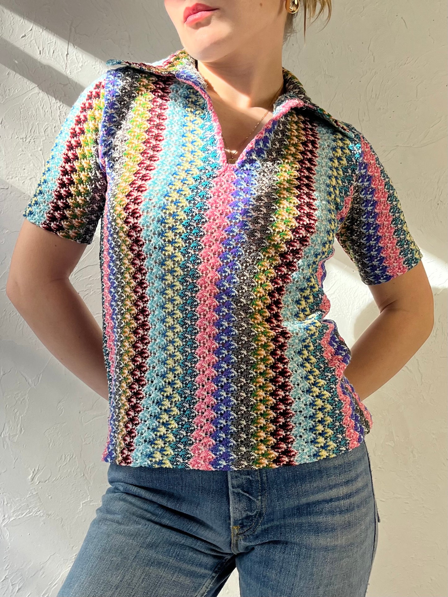 Vintage Rainbow Knit Collared top / Small