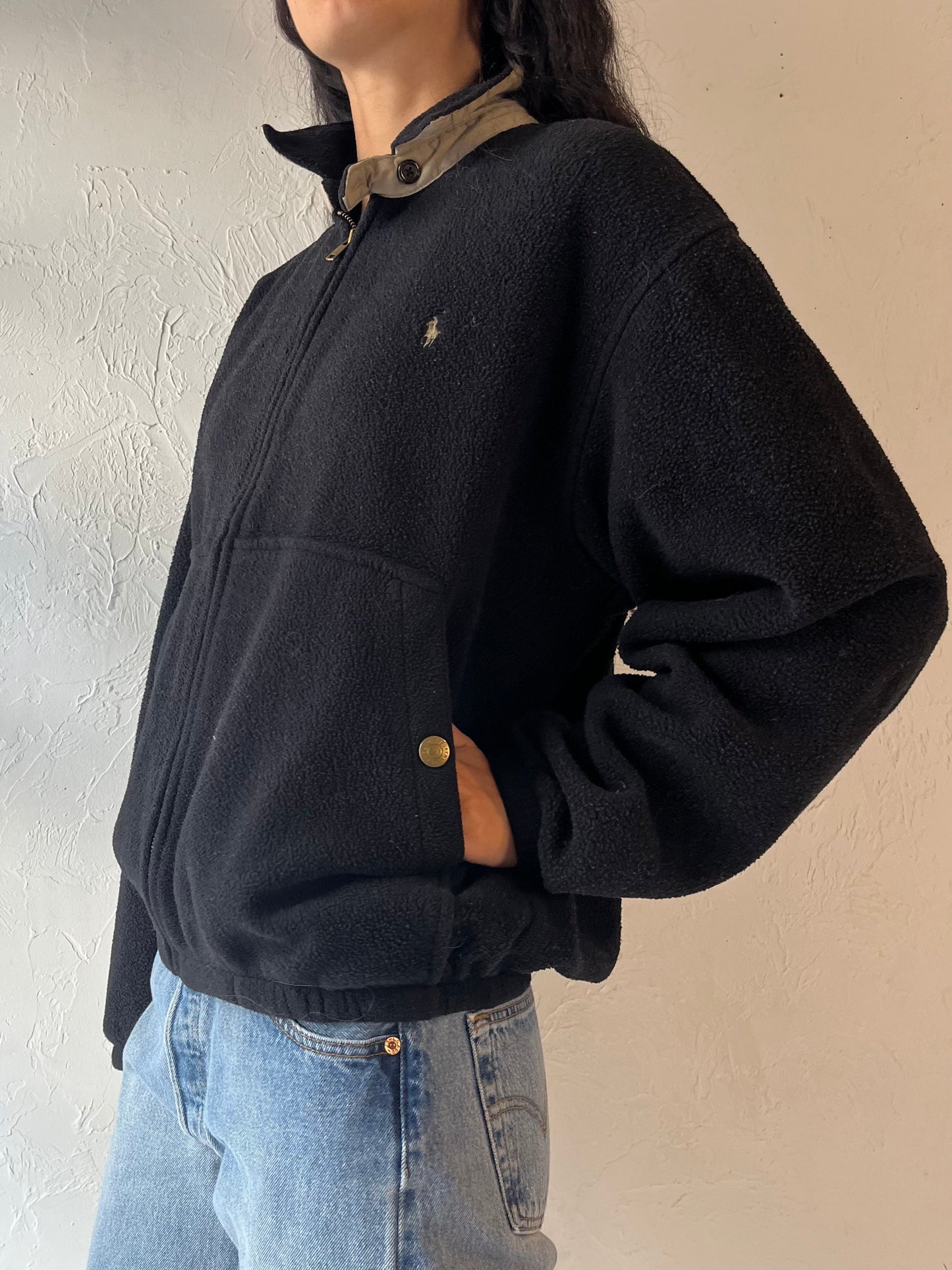 90s 'Ralph Lauren' Black Zip Up Fleece / Medium