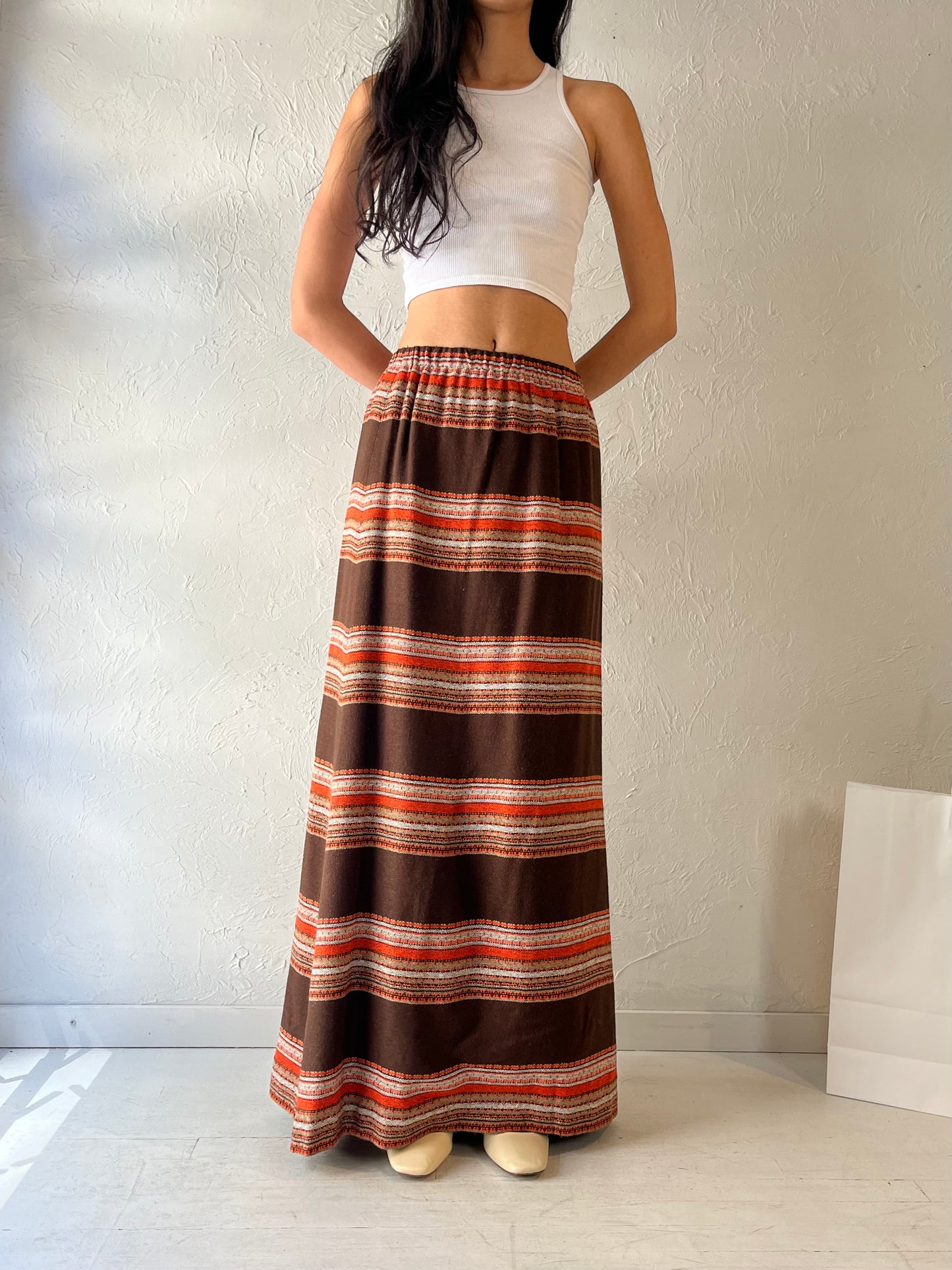 70s 'Doris Wood' Brown Acrylic Maxi Skirt / Small