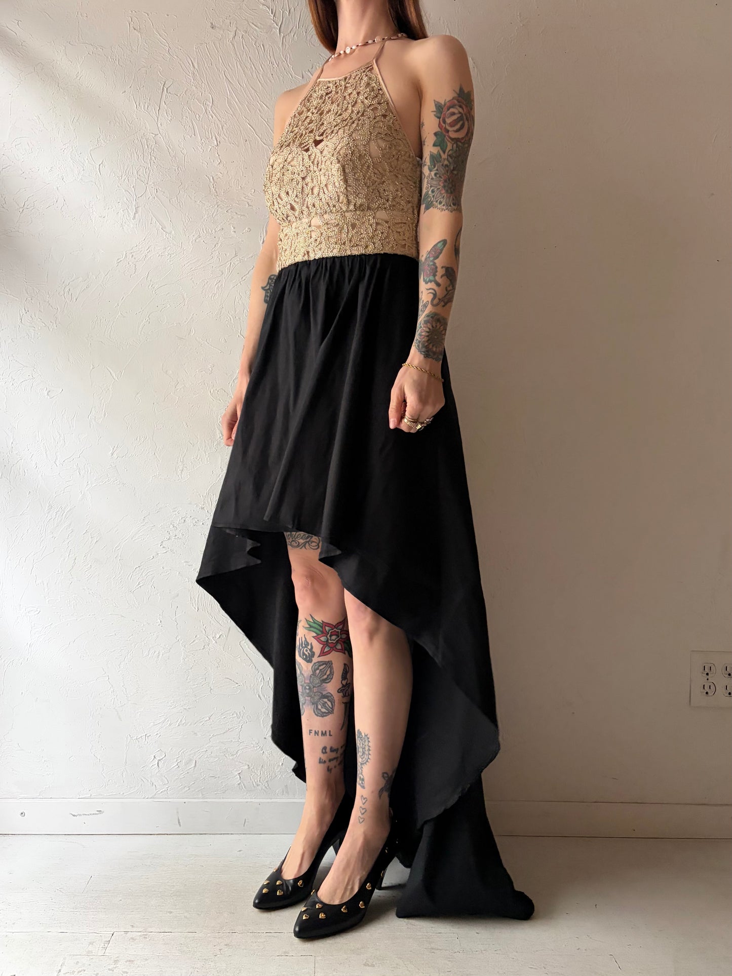 Y2k 'Be Smart' Gold & Black Formal Prom Halter Maxi Dress / Small