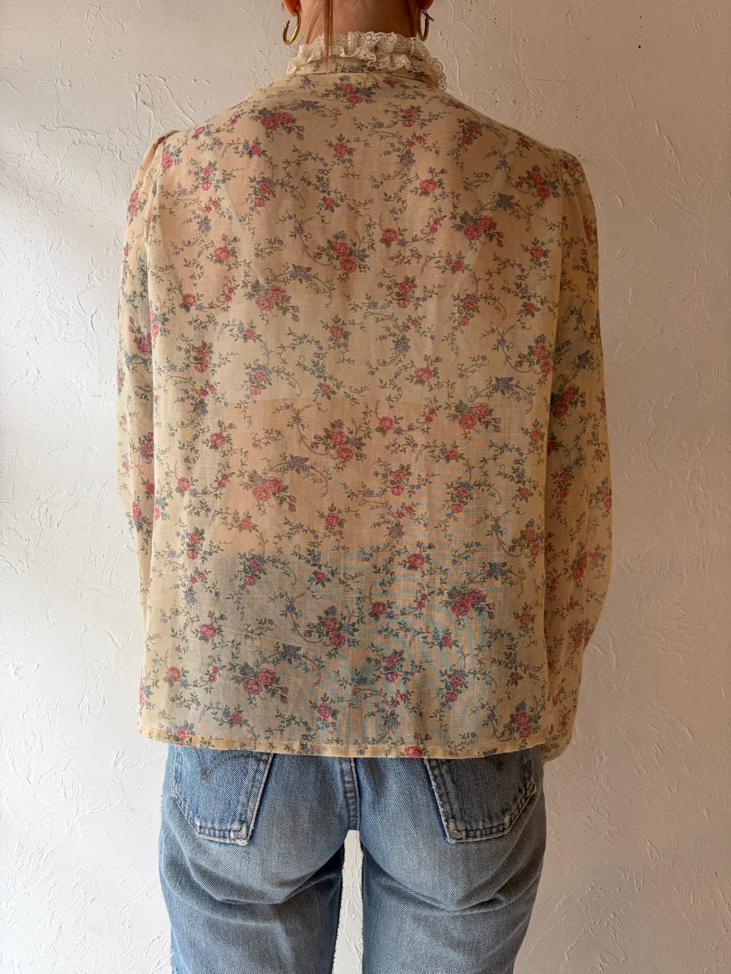70s Cream Floral Cottage Core Peasant Top / Small