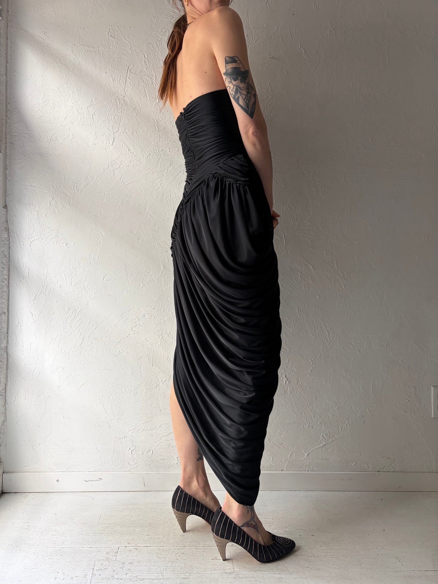 80s Strapless Black Formal 1980s Romanic Goth-core Prom Dress / Small