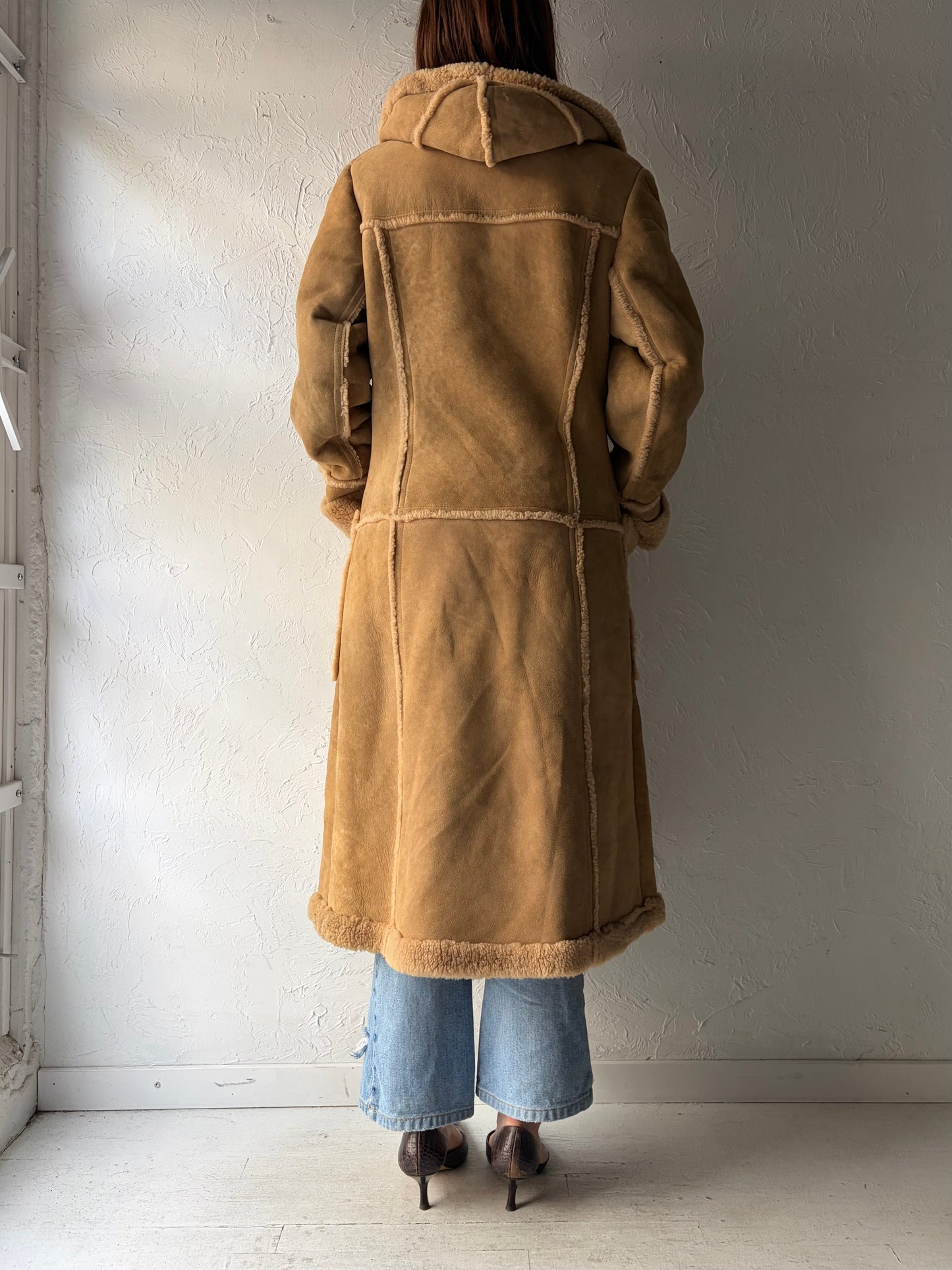 Vintage 'Pacific Fur' Suede Leather Hooded Winter Coat / Small