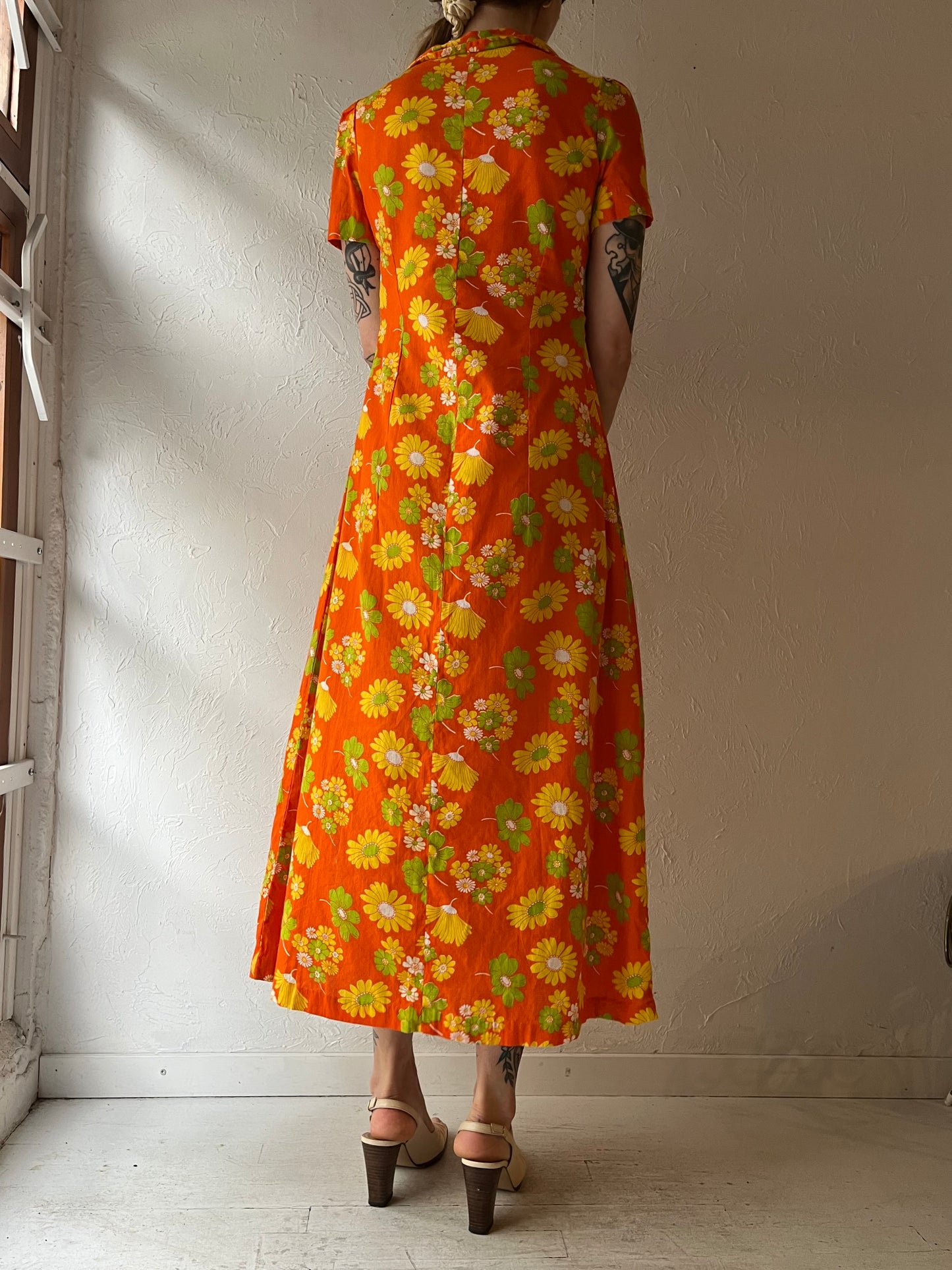 70s Orange Floral Midi Dress / Small