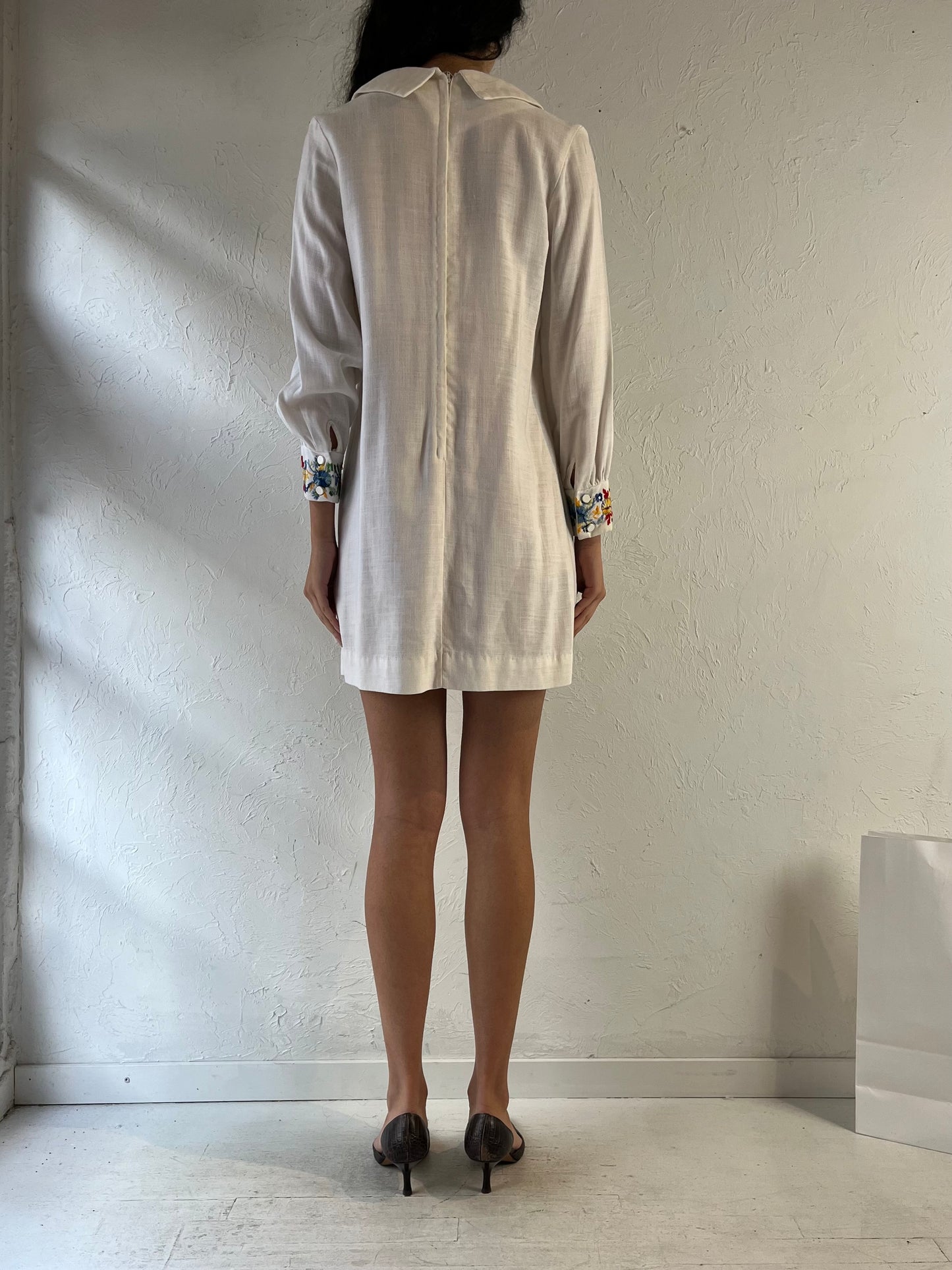 70s Embroidered Long Sleeve Mini Dress / Union Made / Small