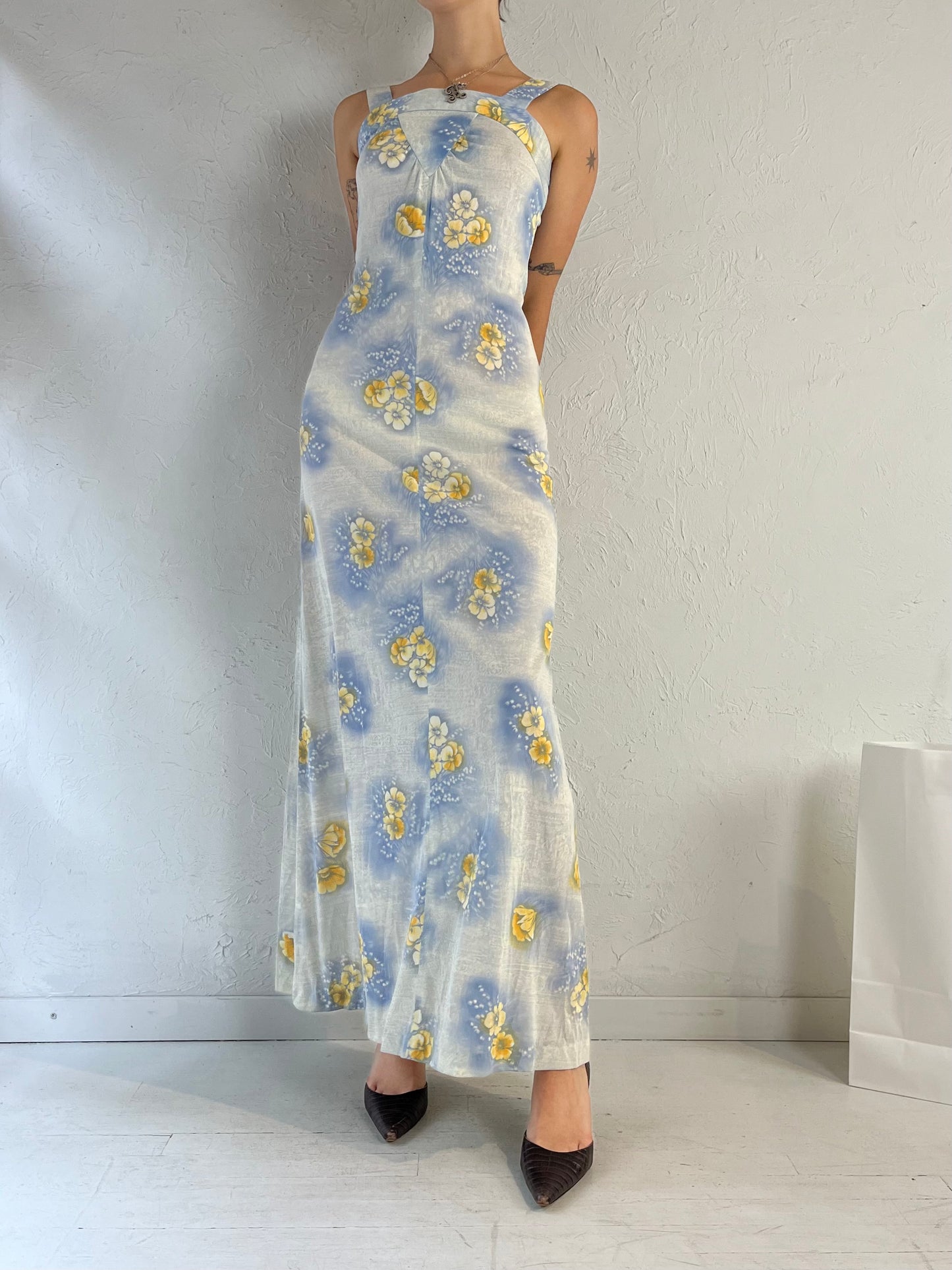 70s ' Blue Floral Maxi Dress / Union Made / Small