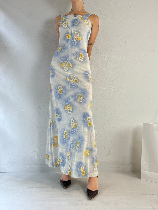 70s ' Blue Floral Maxi Dress / Union Made / Small