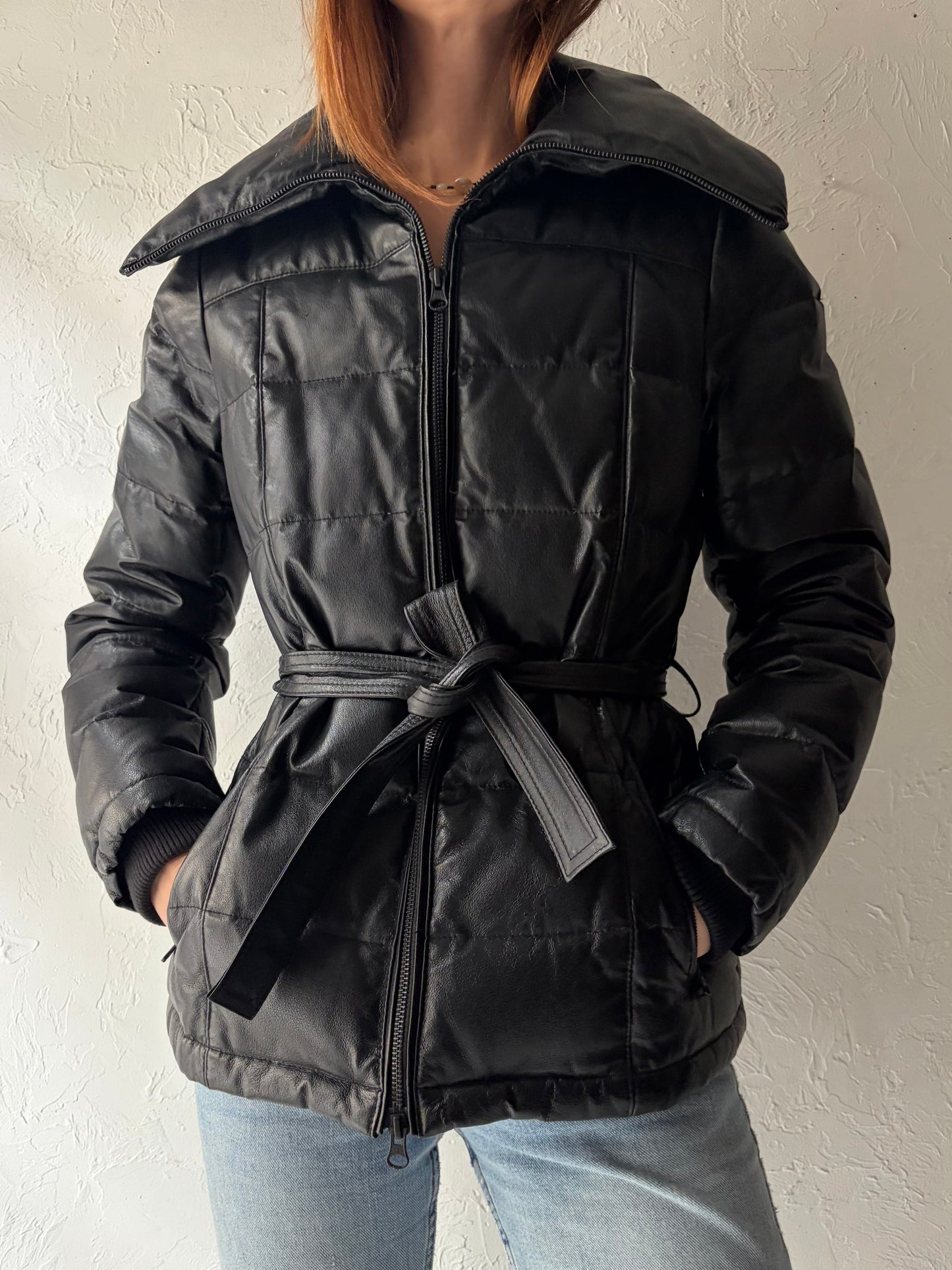 Y2k 'Danier' Black Puffy Leather Jacket / Vintage 2000s Streetwear Winter Jacket / XS
