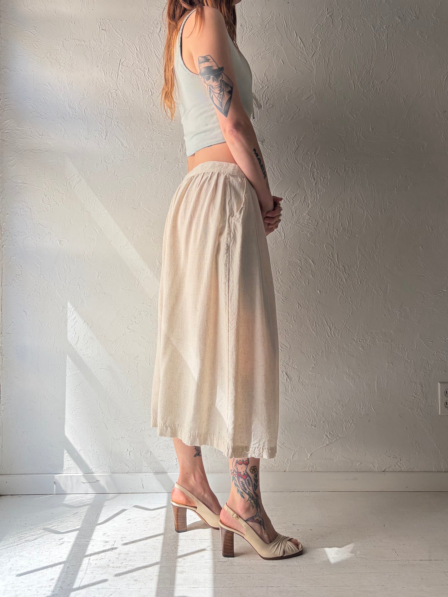 90s 'Editions' Cream Linen Rayon Button Up Skirt / Medium