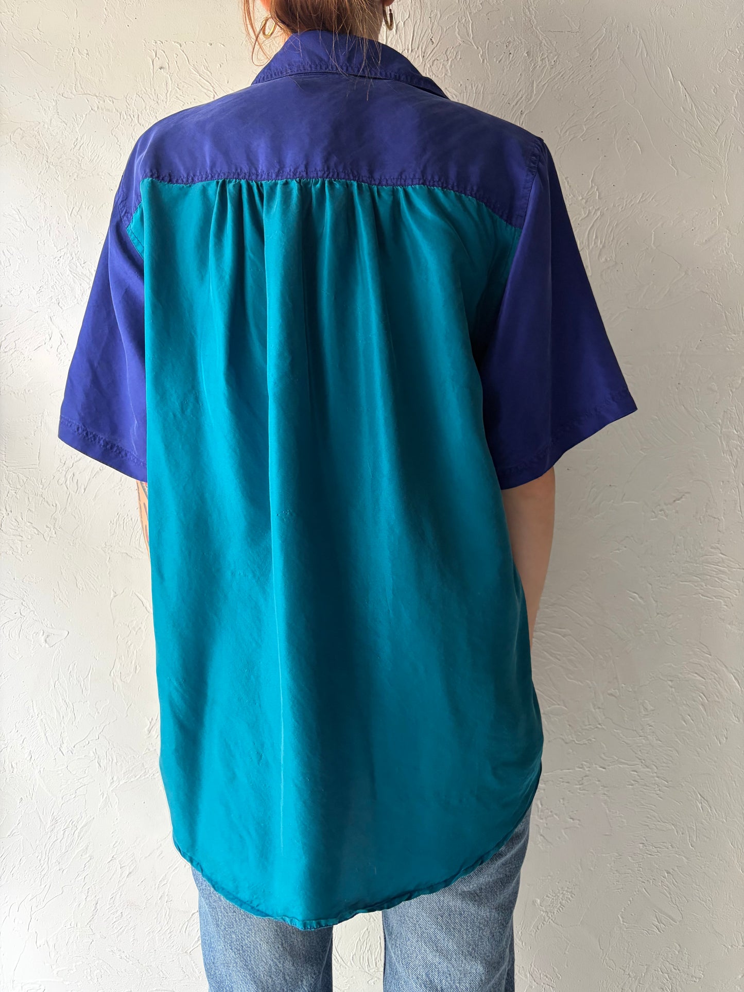 90s 'Fitting Image' Color Blocked Retro Silk Minimalist Normcore Button Up Shirt / Large