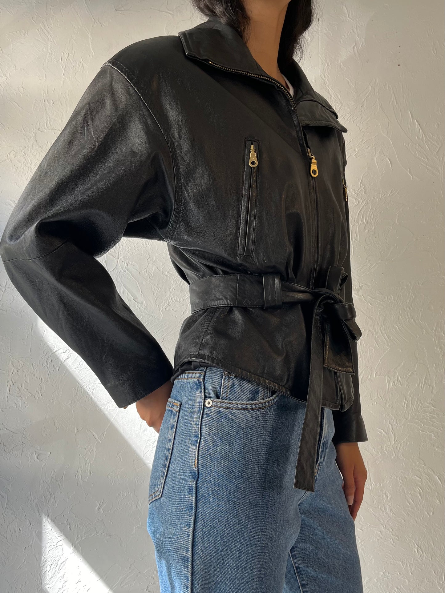 90s 'Wilsons' Black Leather Jacket / Medium