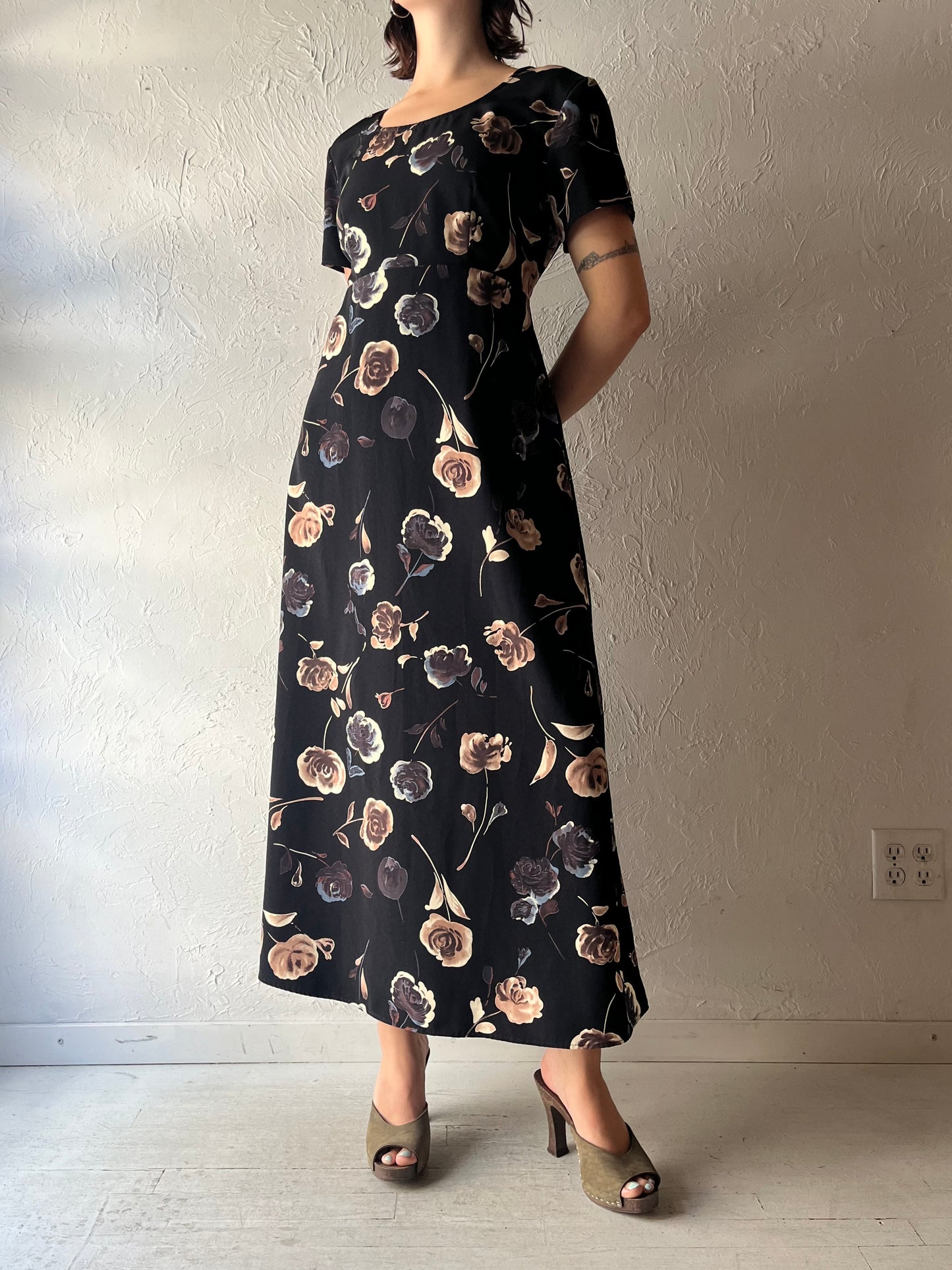 90s 'Savannah' Black Floral Maxi Dress / Large