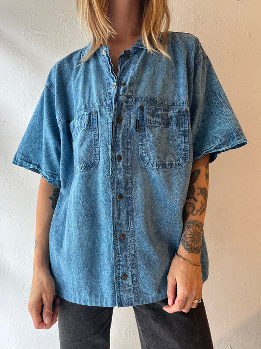 90s 'Ezze Wear' Blue Snap Button-Up T-Shirt / Large