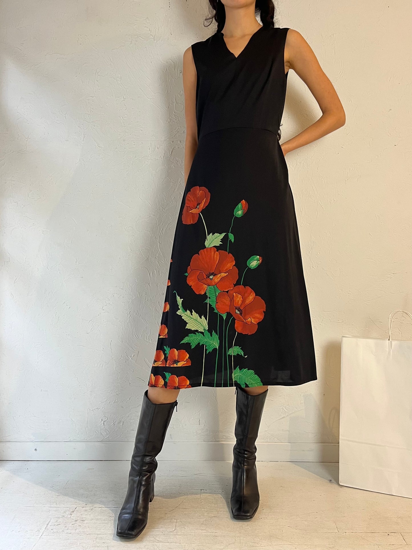 90s ‘Ein Fink Model’ Black Floral Midi Dress / Large