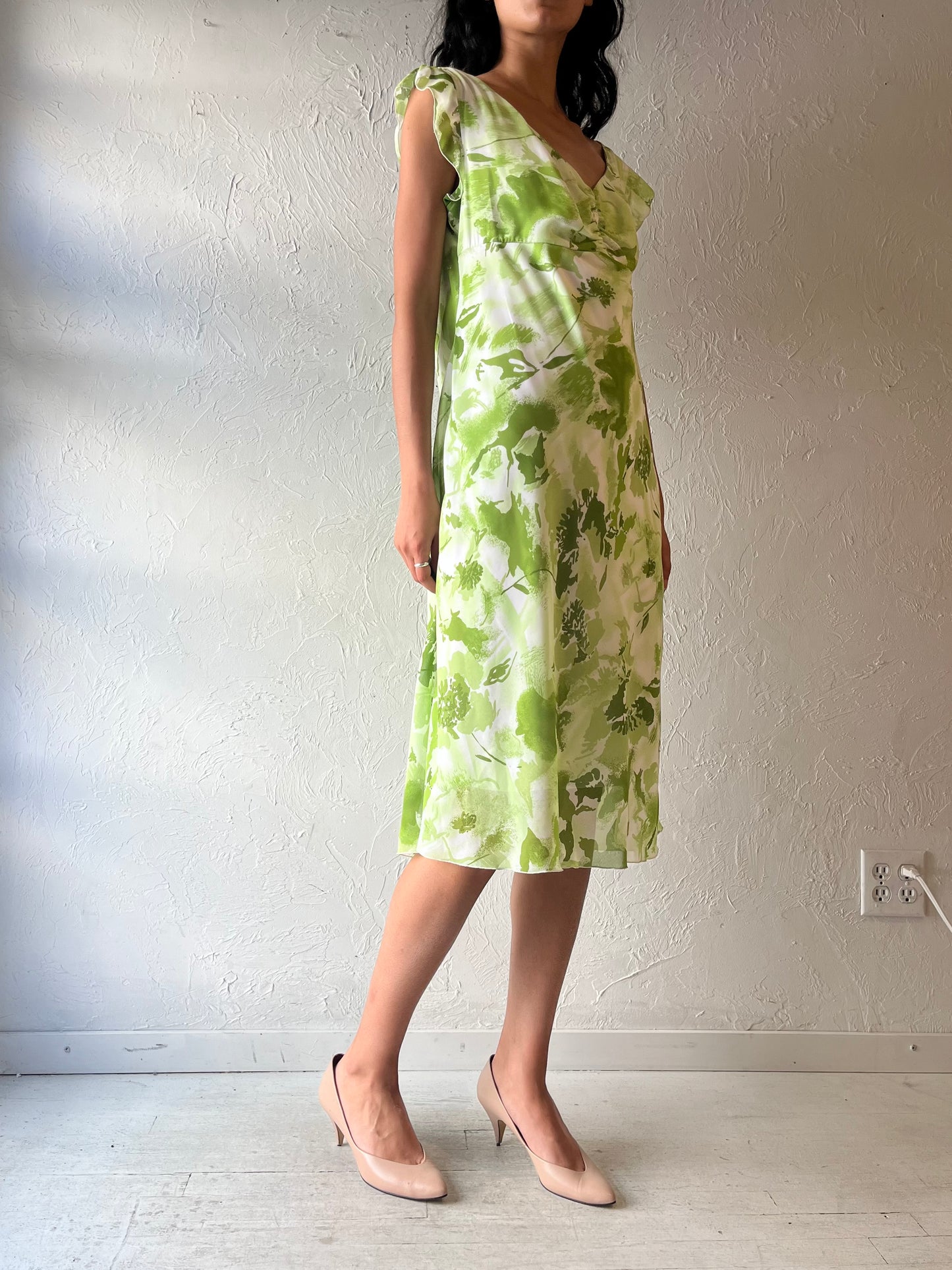 90s 'Jessica' Green Floral Spring Garden Party Midi Summer Dress / Large