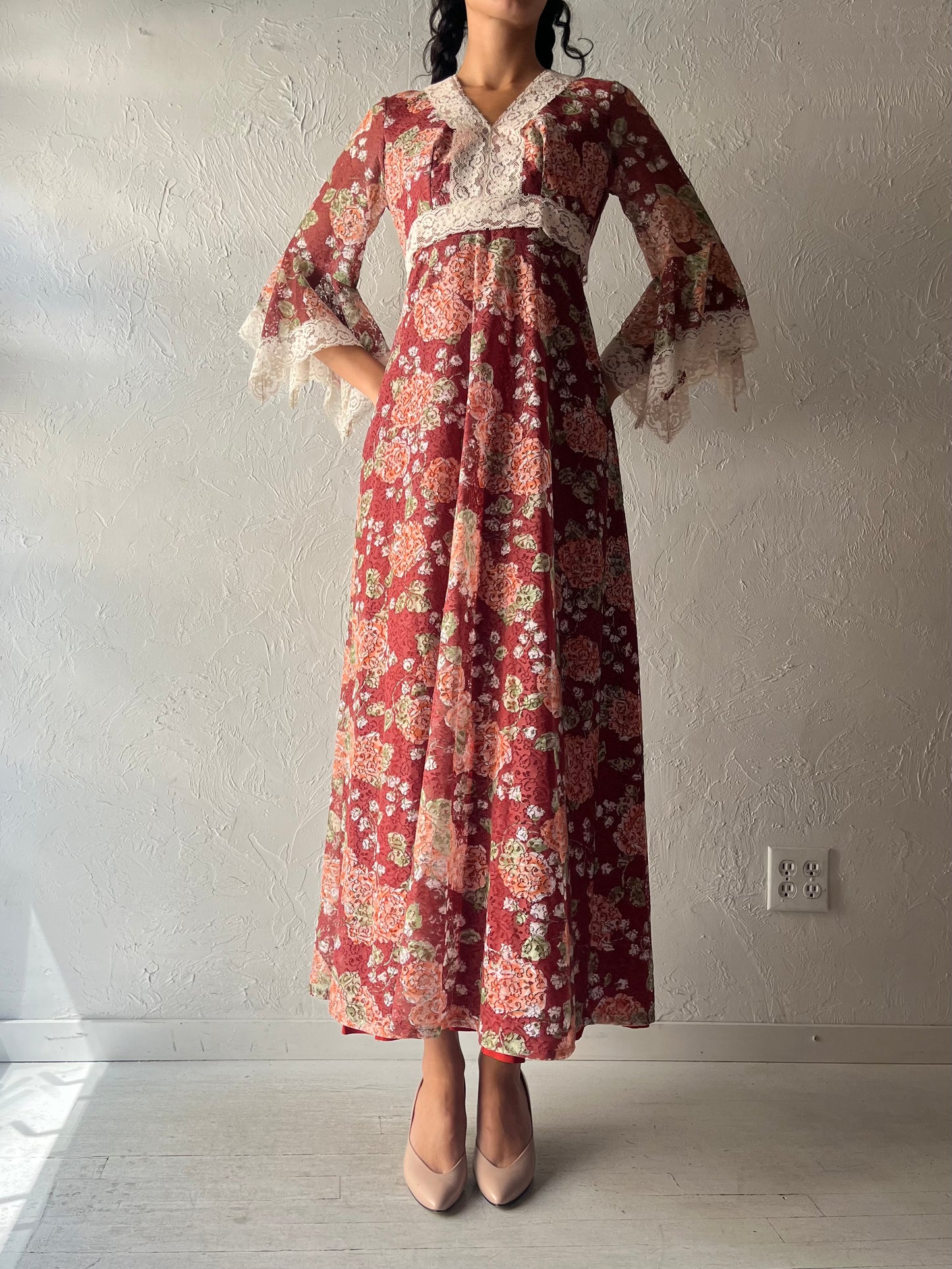 70s Burgundy Floral Lace Peasant Dress / Small