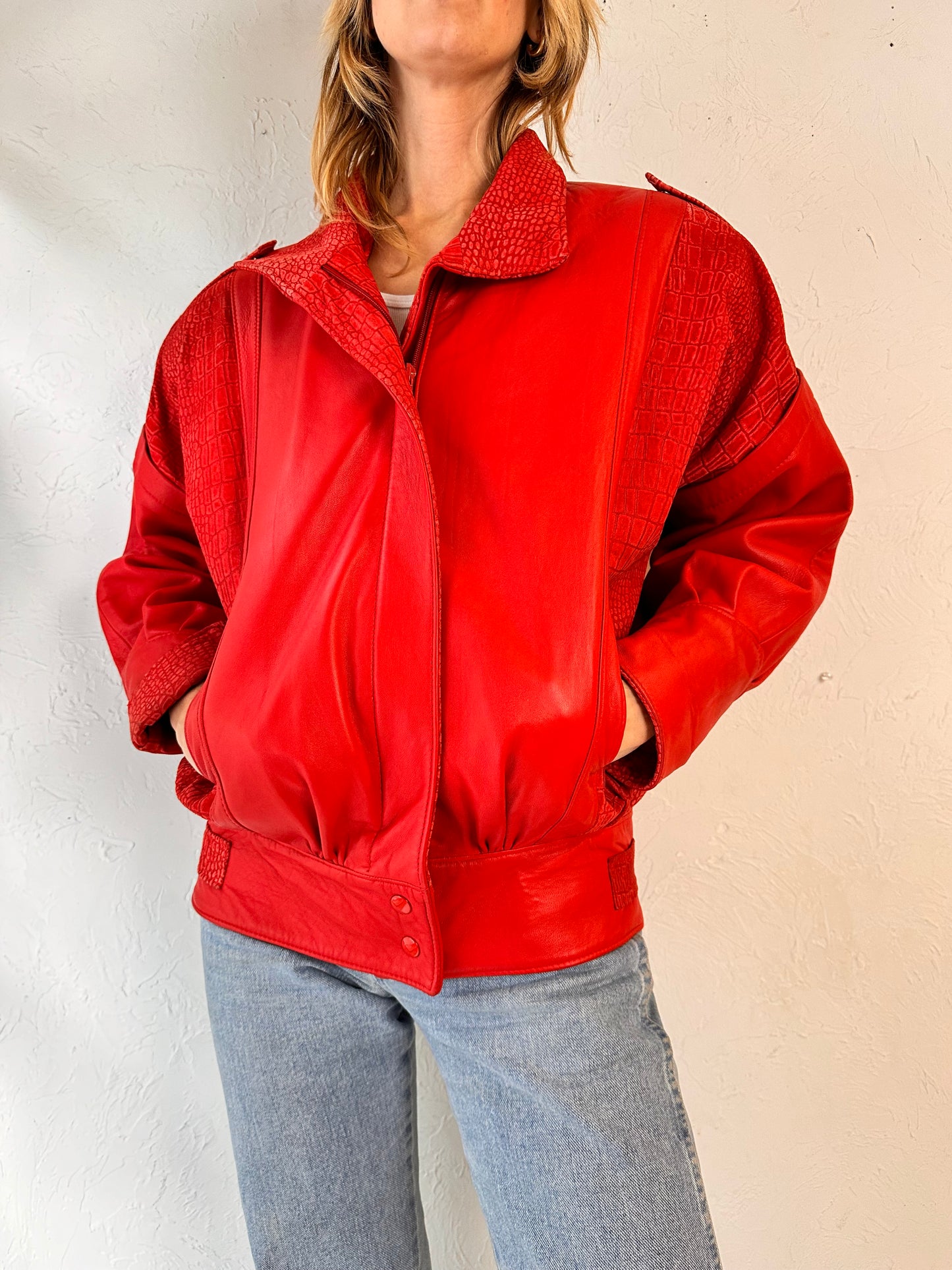 80s 'Boutique of Leather' Red Leather Bomber Jacket / Medium