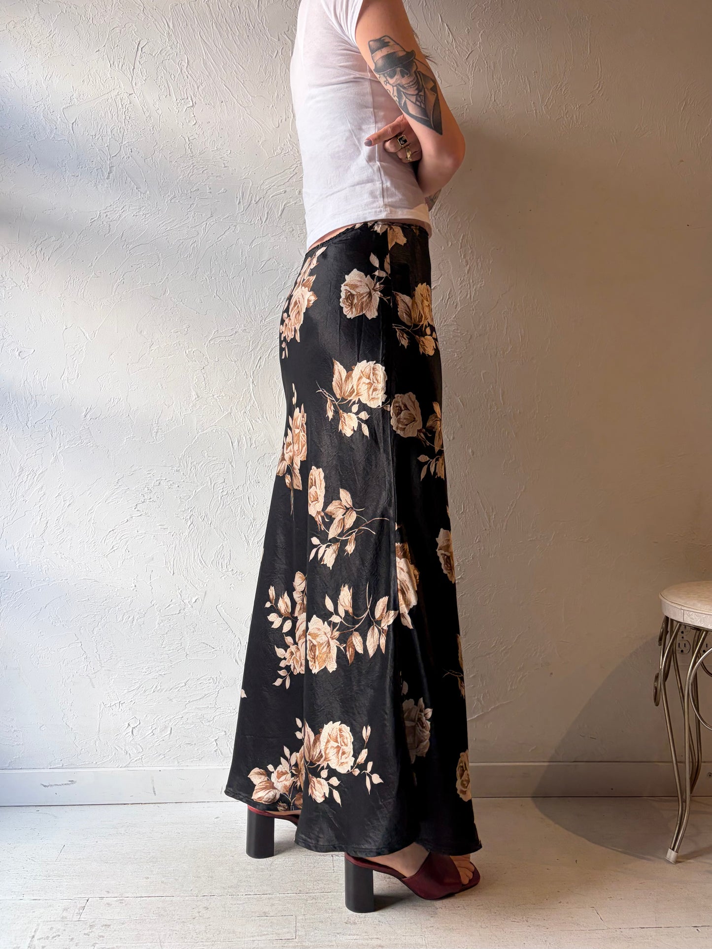 90s 'Le Chateau' Silky Floral Maxi Skirt / Small
