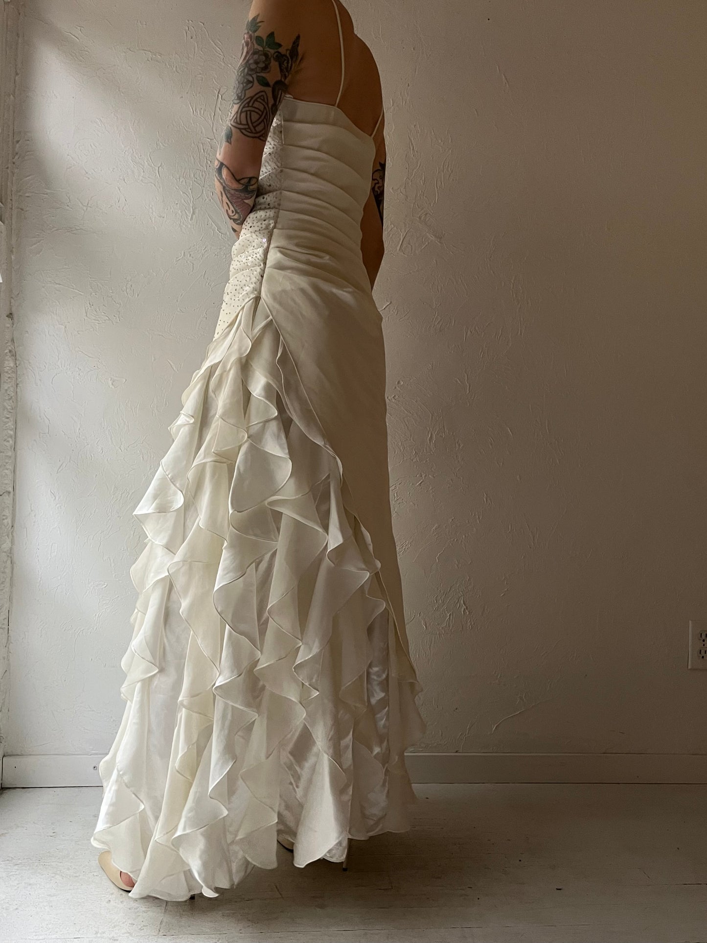 90s 'Jump' White Sequin Formal Dress / Small