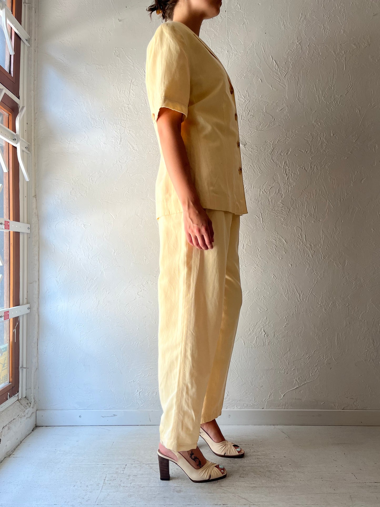 90s 'Ann Taylor' Yellow Normcore Pant & Shirt Summer Linen Set / Vintage 1990s Minimalist Matching Two Piece Set / Medium
