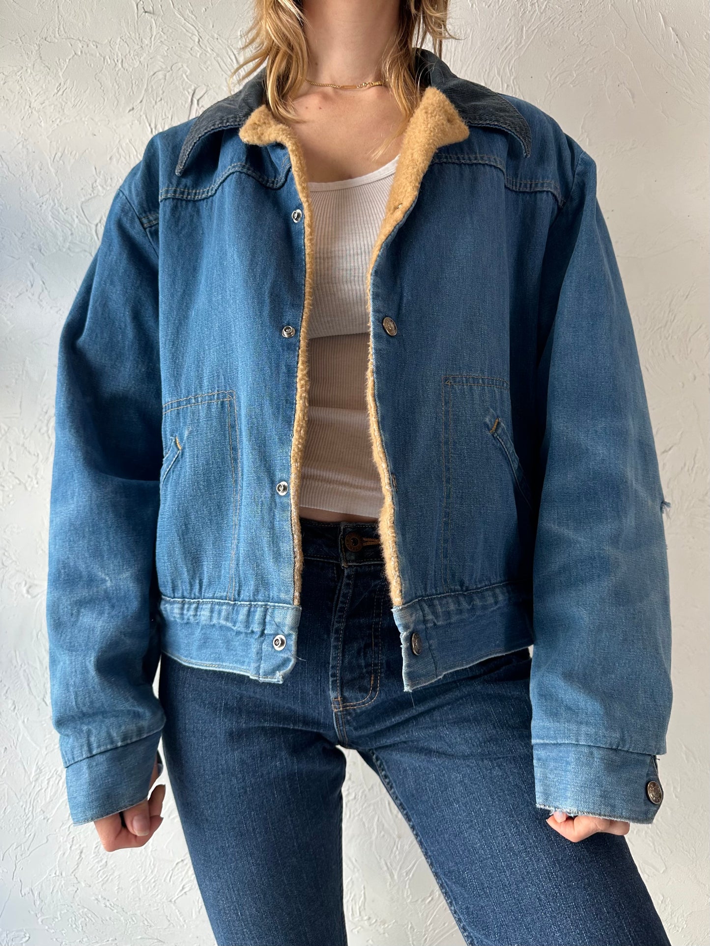 90s 'Ely' Faux Fur Cropped Denim Jacket / Large