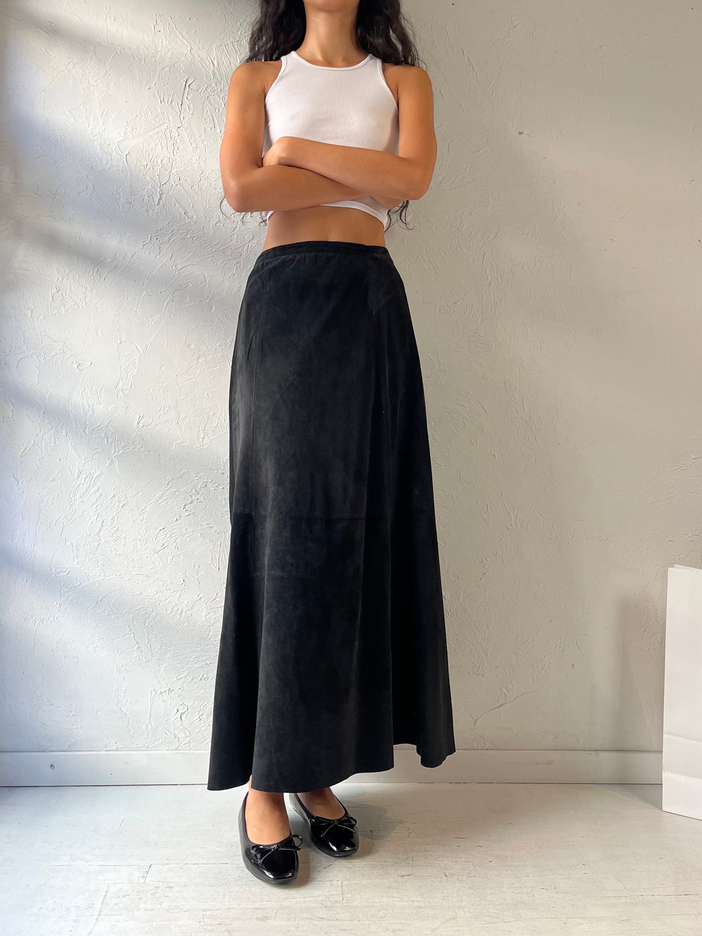 90s ‘Chicos’ Long Black Suede Skirt / Small