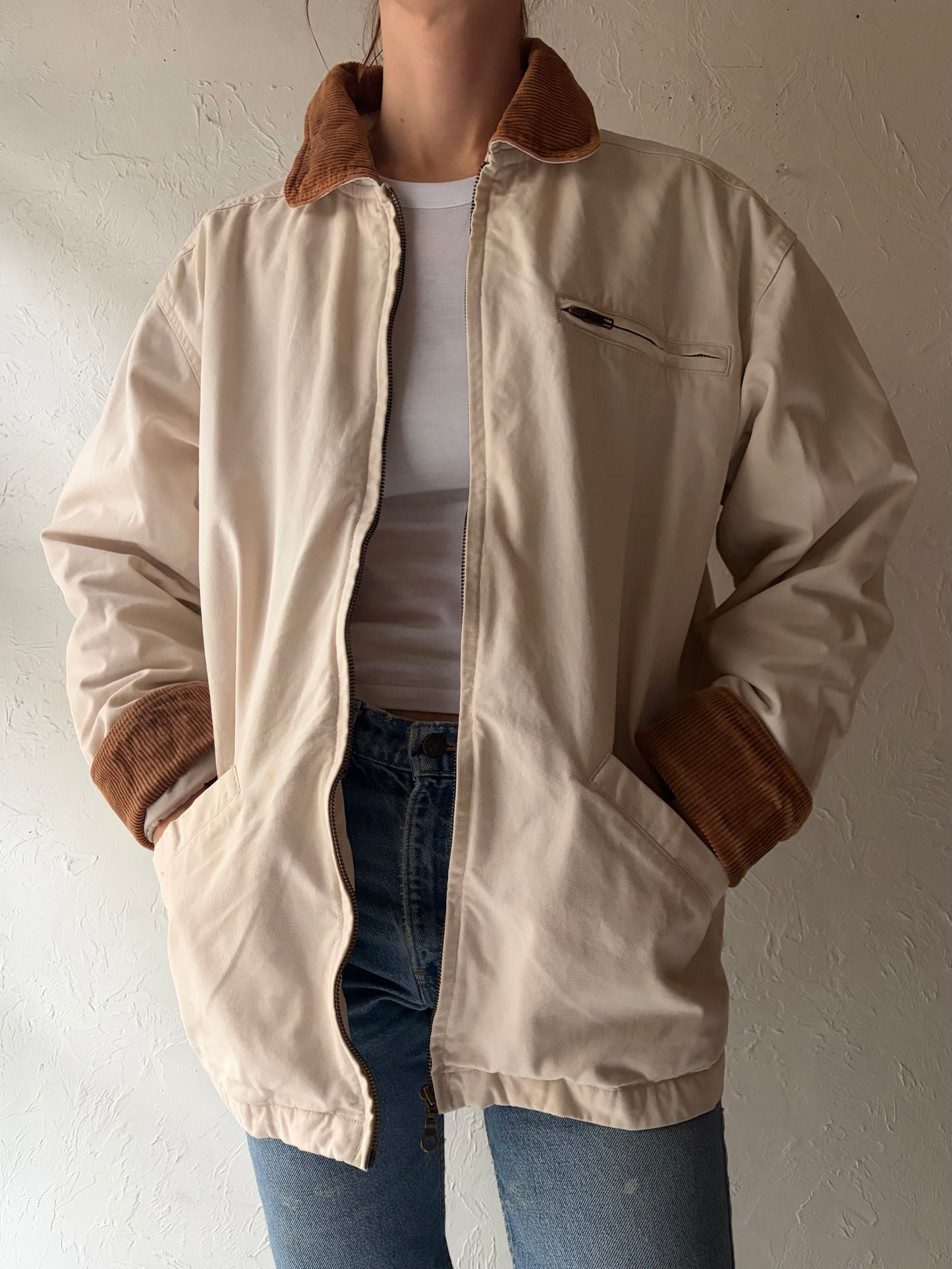90s 'Cherokee' White Denim Barn Chore Jacket / Small