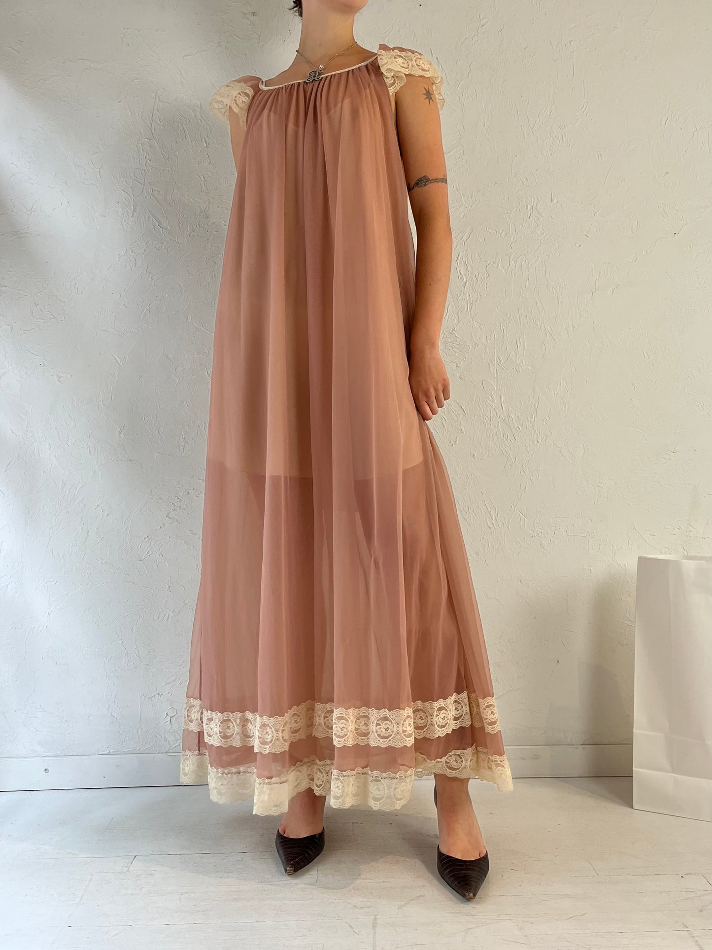 80s 'Janelle' Dark Pink Nylon Night Gown / Medium