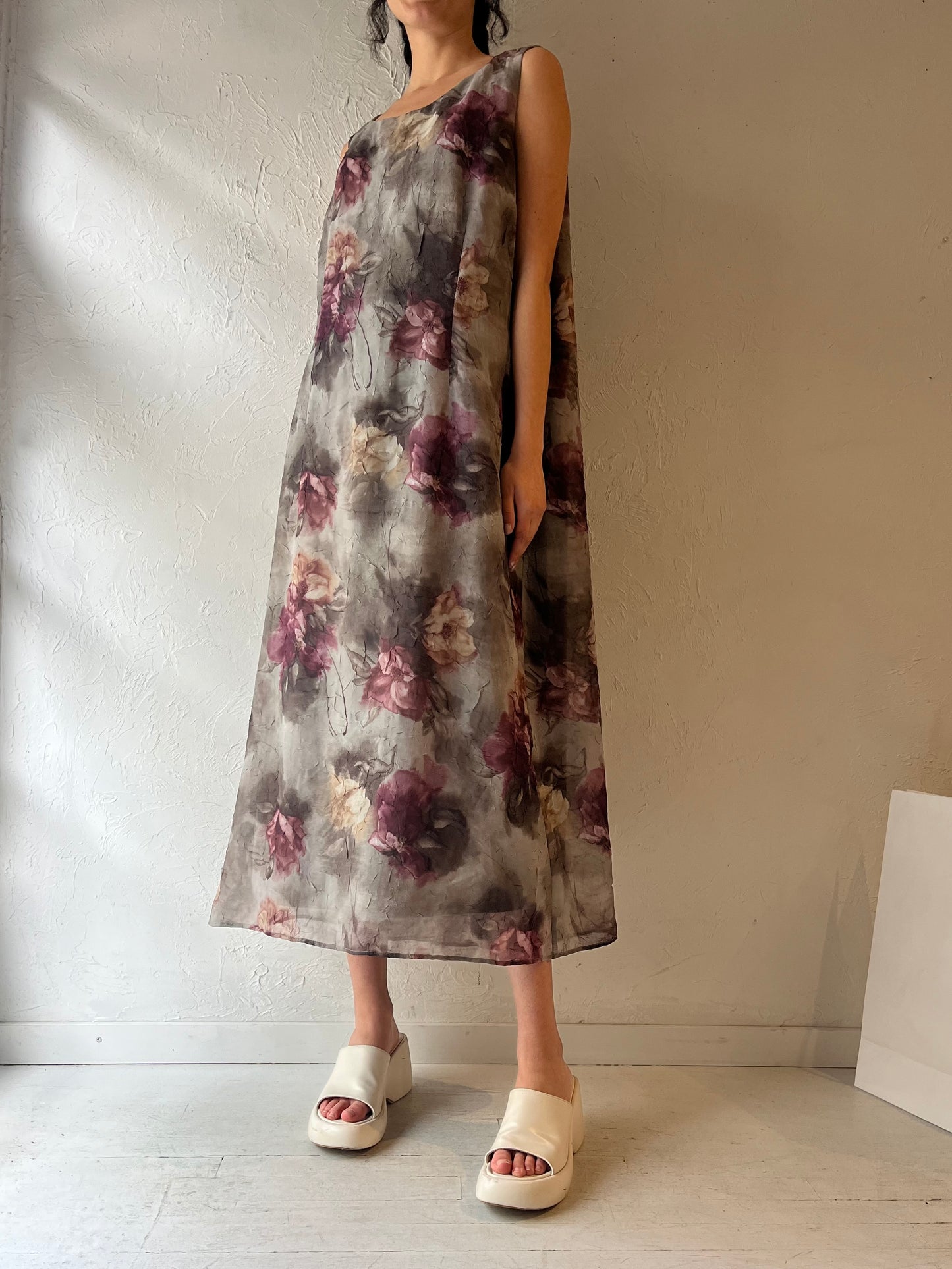 90s ‘SL Fashions’ Green Crinkle Floral Maxi Dress / Large