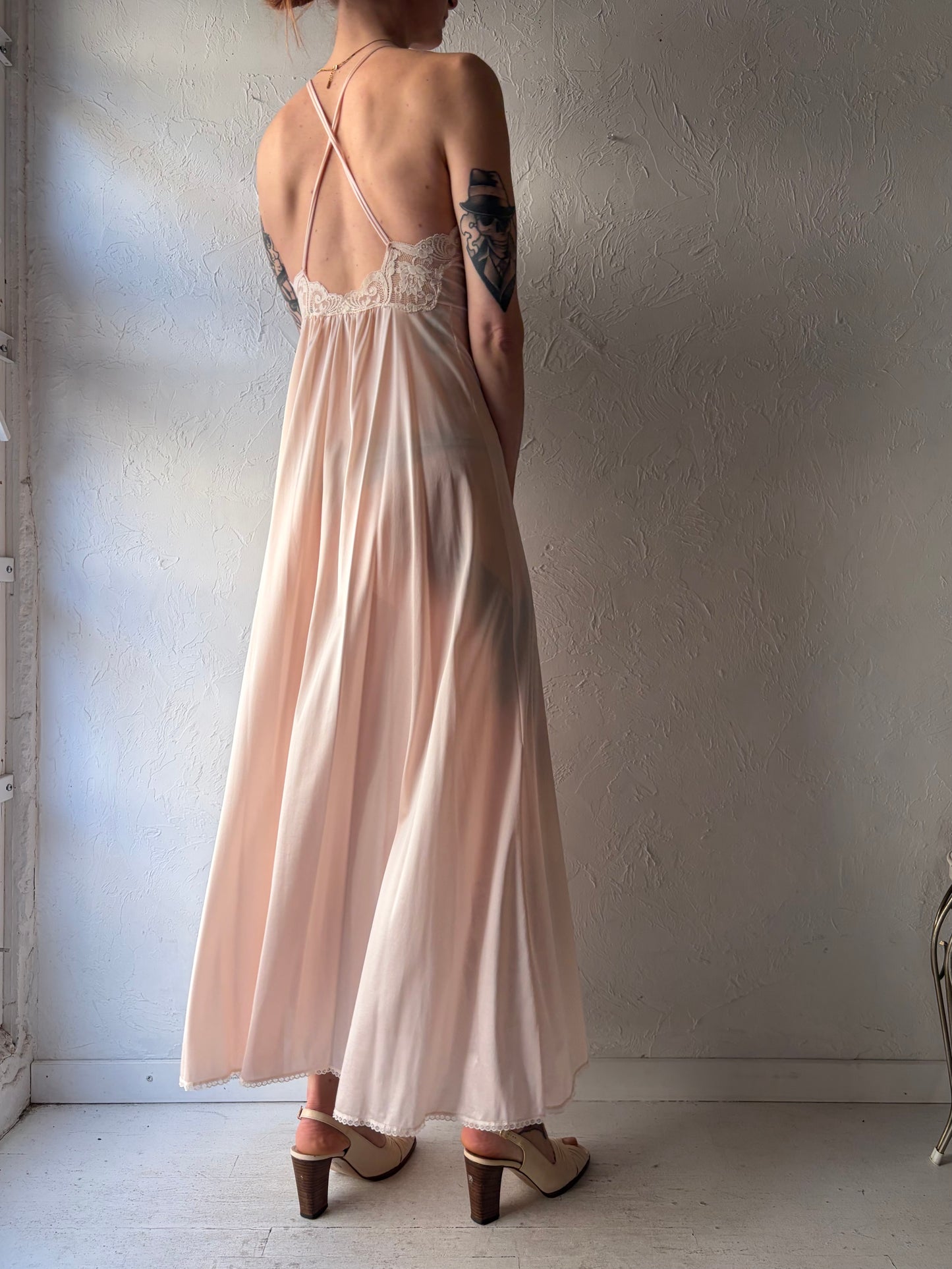 80s 'Miss Elaine' Peach Lacey Maxi Slip Dress / Union Made / Small