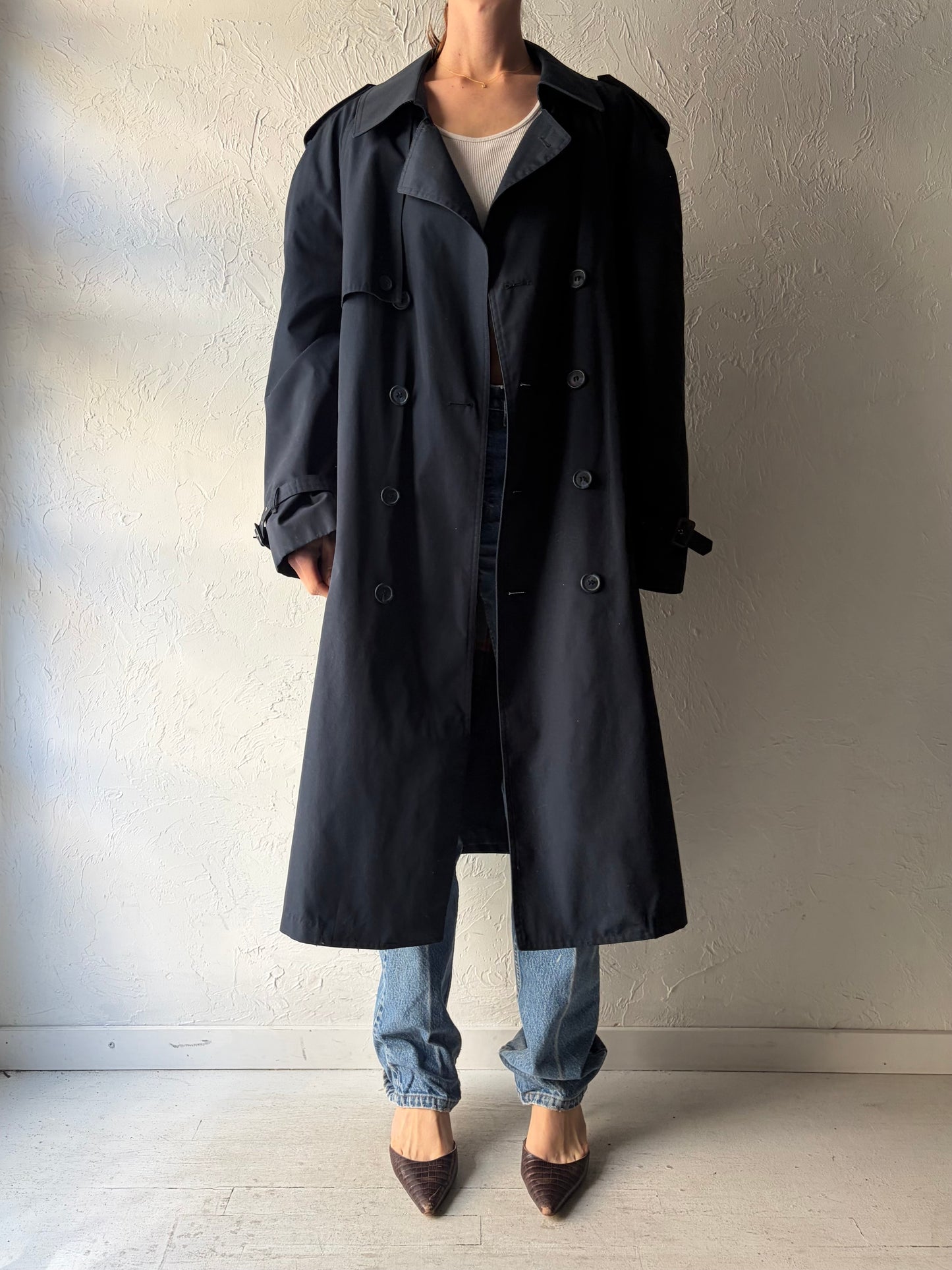 90s 'Moores' Navy Normcore Trench Coat / Vintage 1990s Classic Minimalist Outerwear / Large