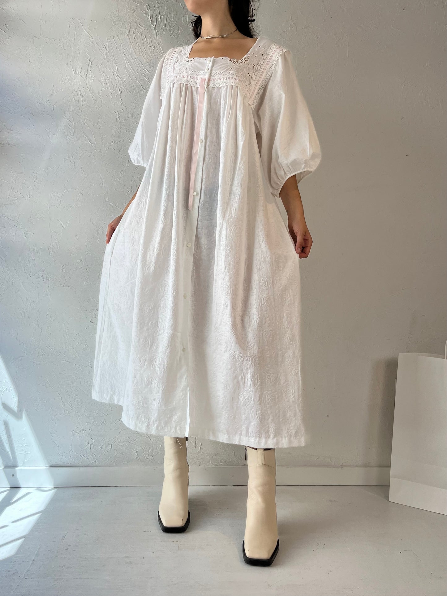 90s 'Komar' White Button Up Night Dress / Large