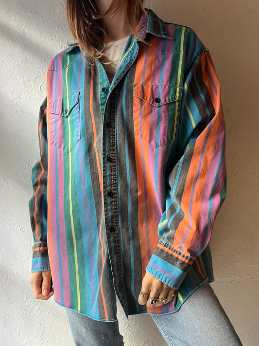 90s ‘Wrangler’ Striped Thick Cotton Western Shirt / Medium