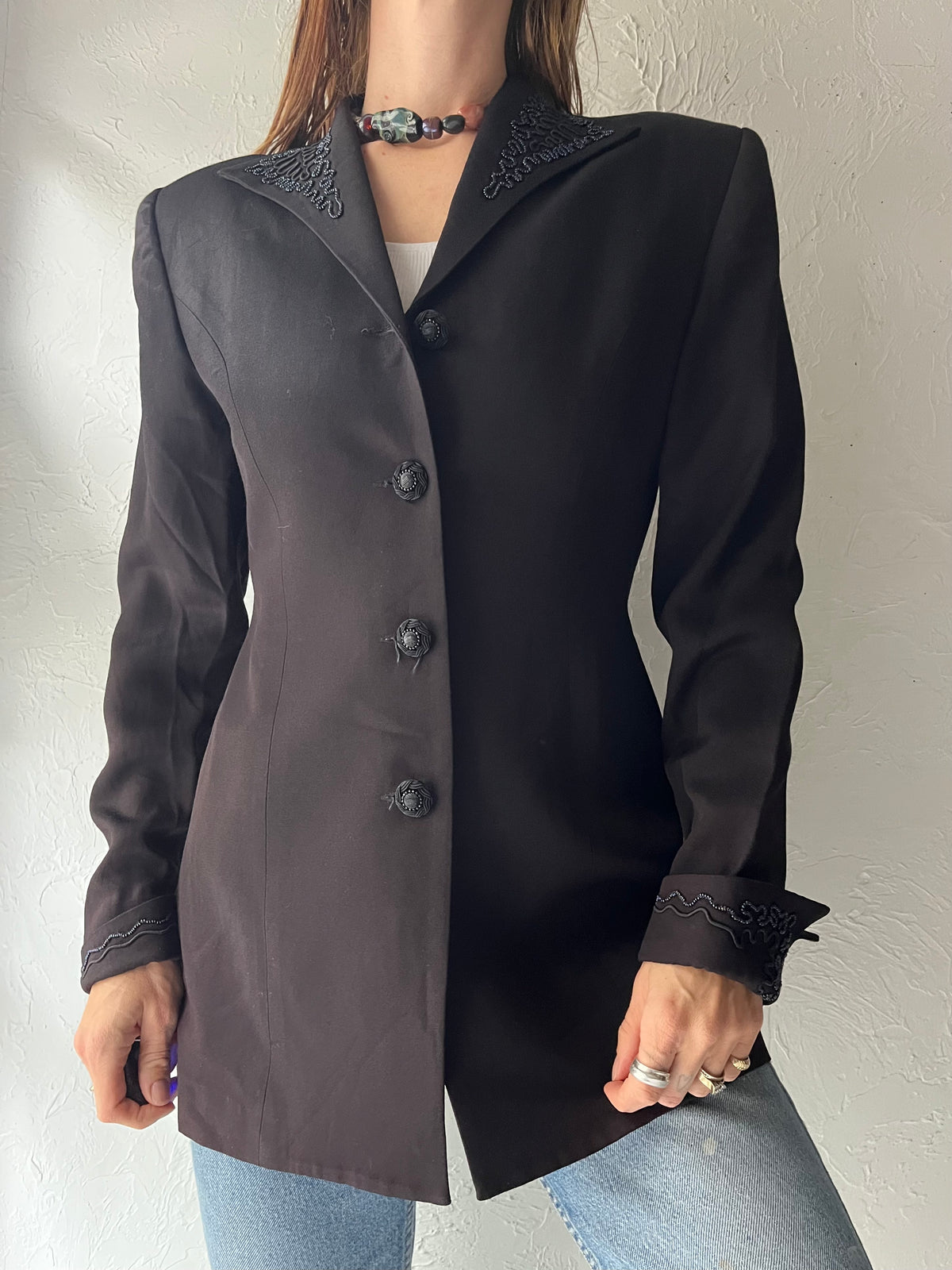 80s ‘Sooooo Crazy by Rina Rossi’ Black Embroidered Longline Blazer Gothic Formal Jacket / Medium