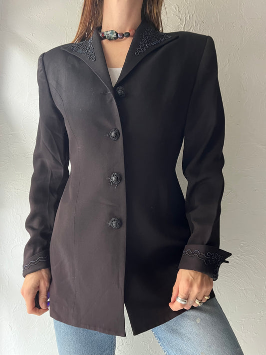 80s ‘Sooooo Crazy by Rina Rossi’ Black Embroidered Longline Blazer Gothic Formal Jacket / Medium