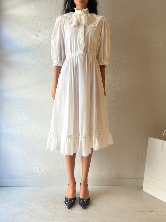 70s 'Lori Ann' White Cotton Cottage Core Dress / Small